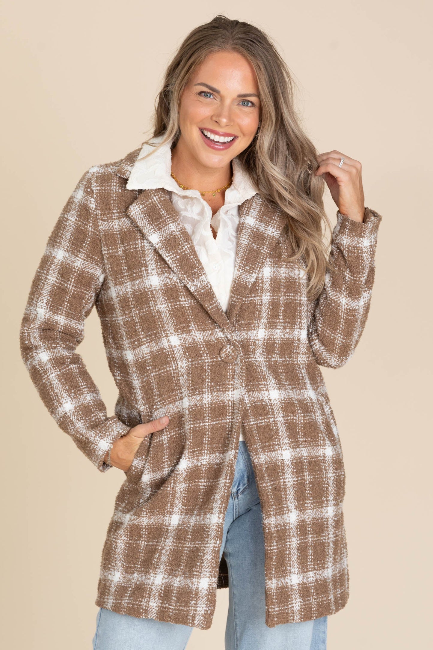 Off White And Mocha Plaid Boucle Jacket