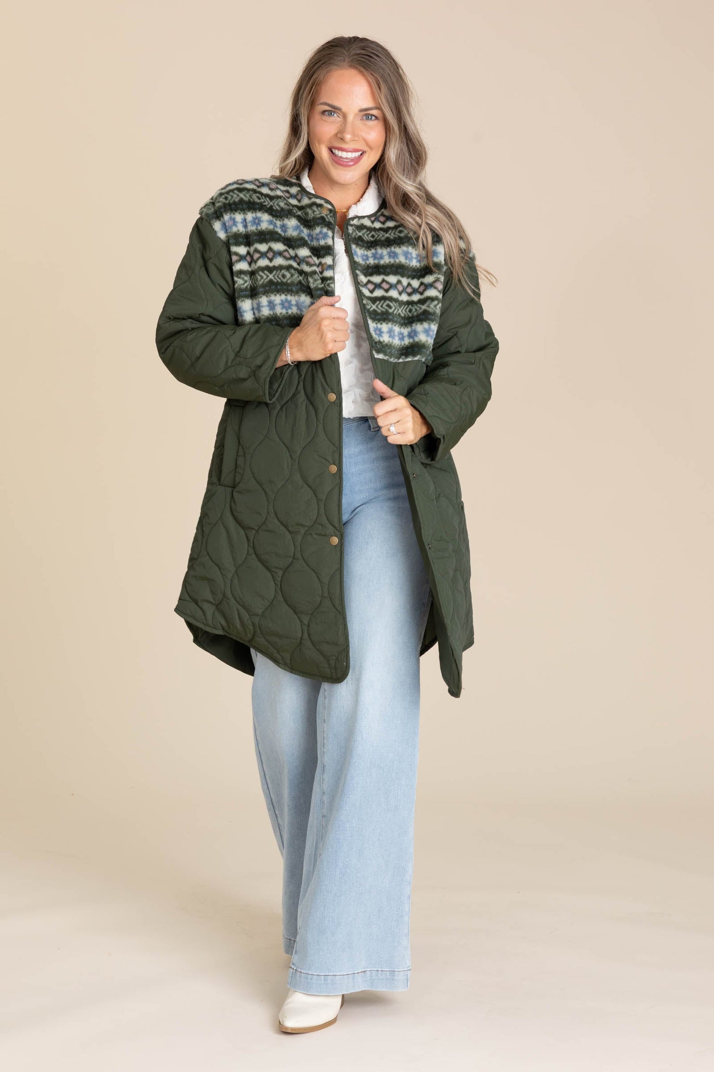 Olive Sherpa Detail Quilted Long Coat