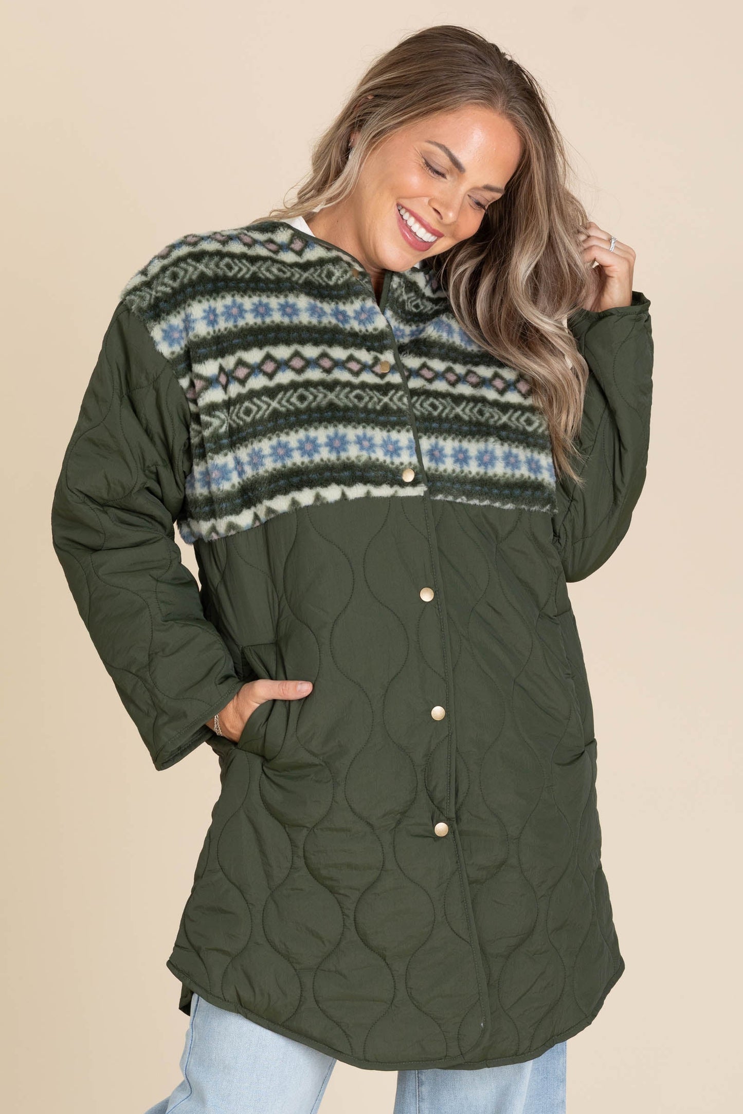 Olive Sherpa Detail Quilted Long Coat