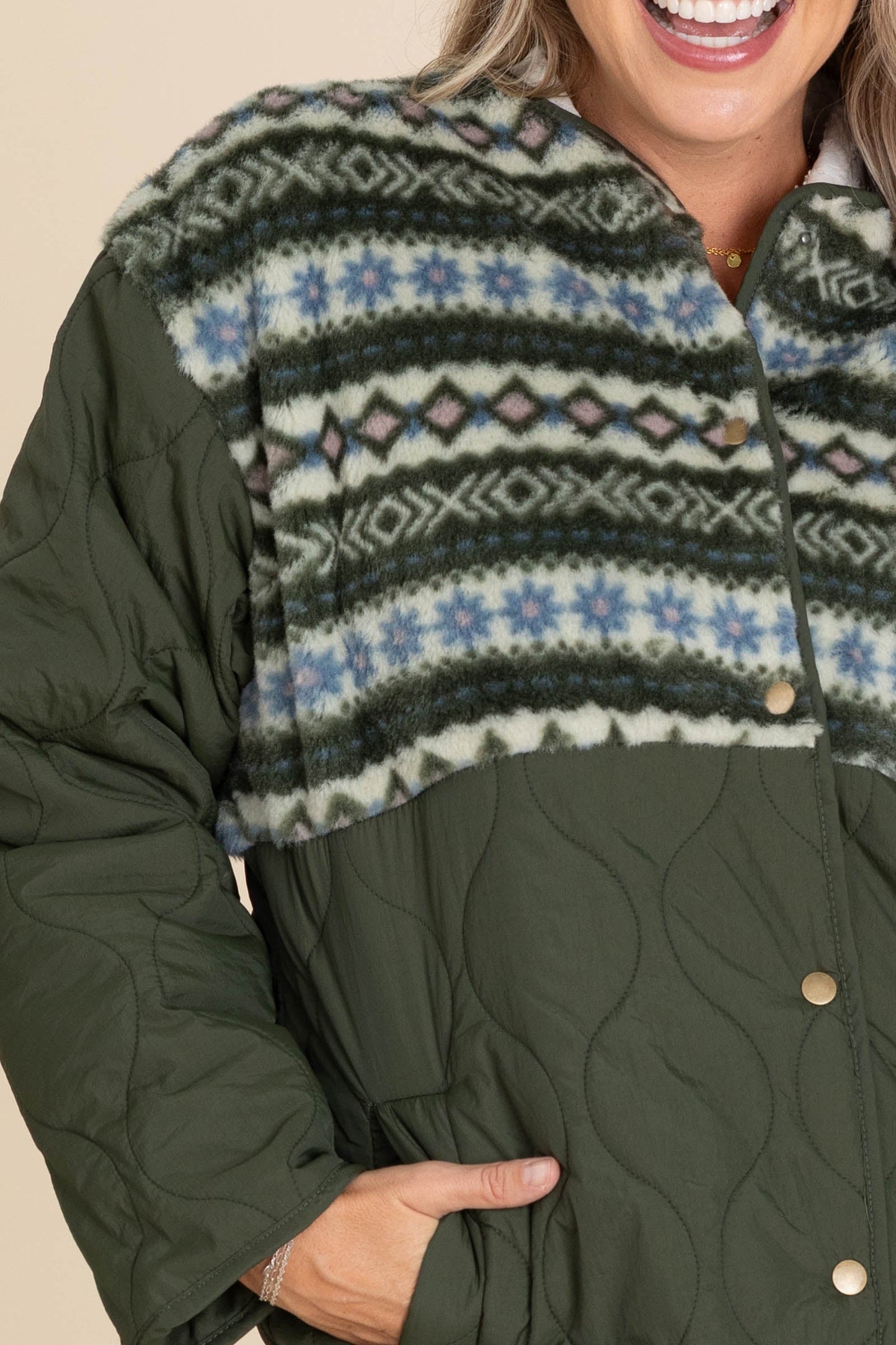 Olive Sherpa Detail Quilted Long Coat