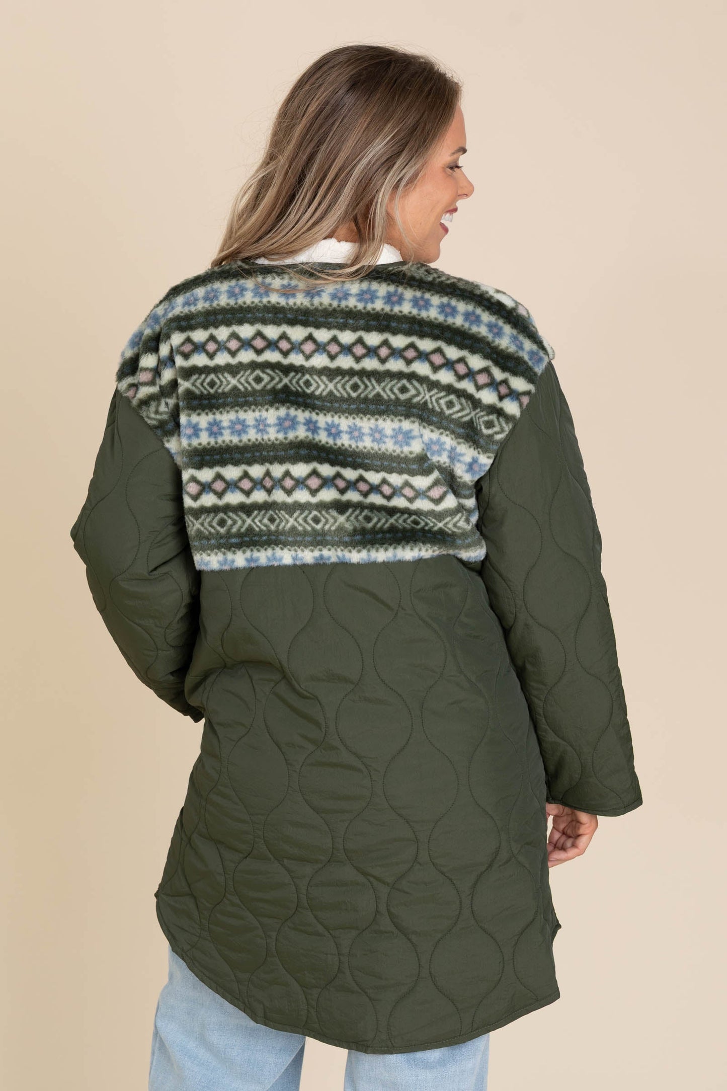 Olive Sherpa Detail Quilted Long Coat
