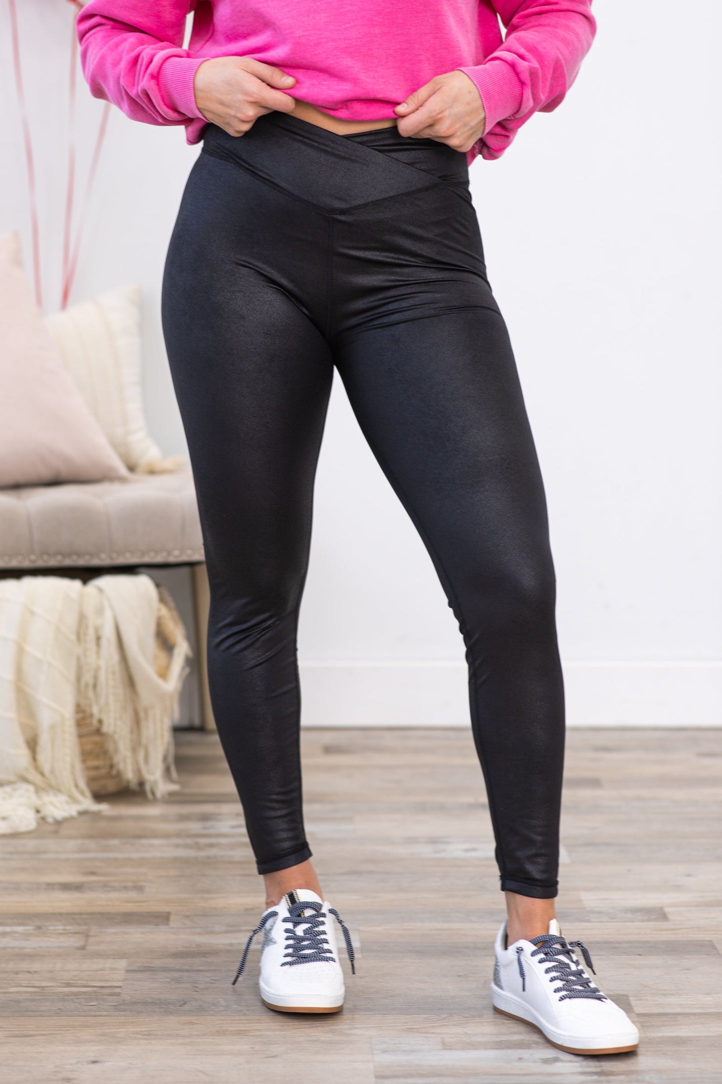 Black Crossover Waist Faux Leather Leggings