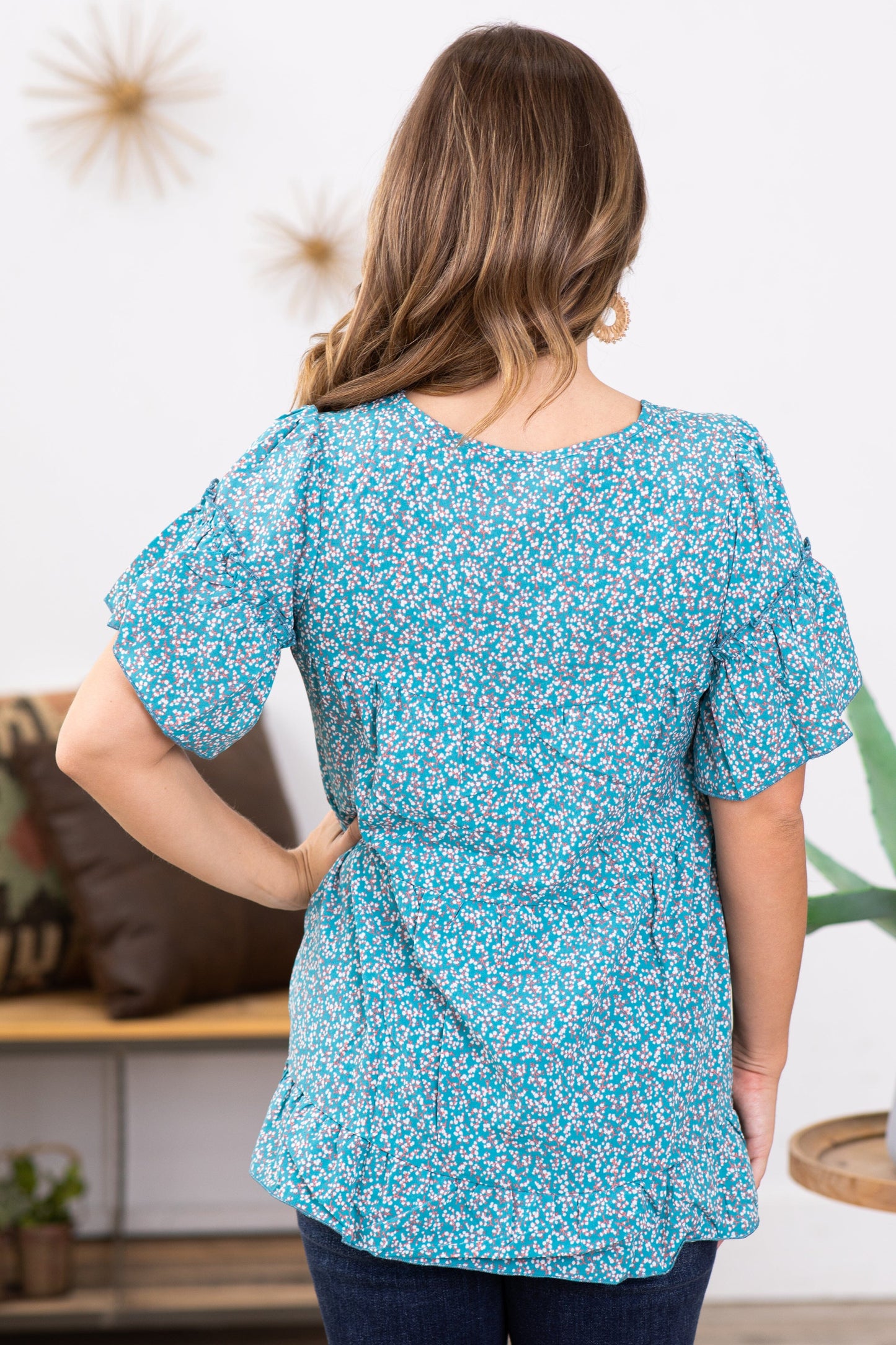 Teal and White Ditsy Floral Bell Sleeve Top