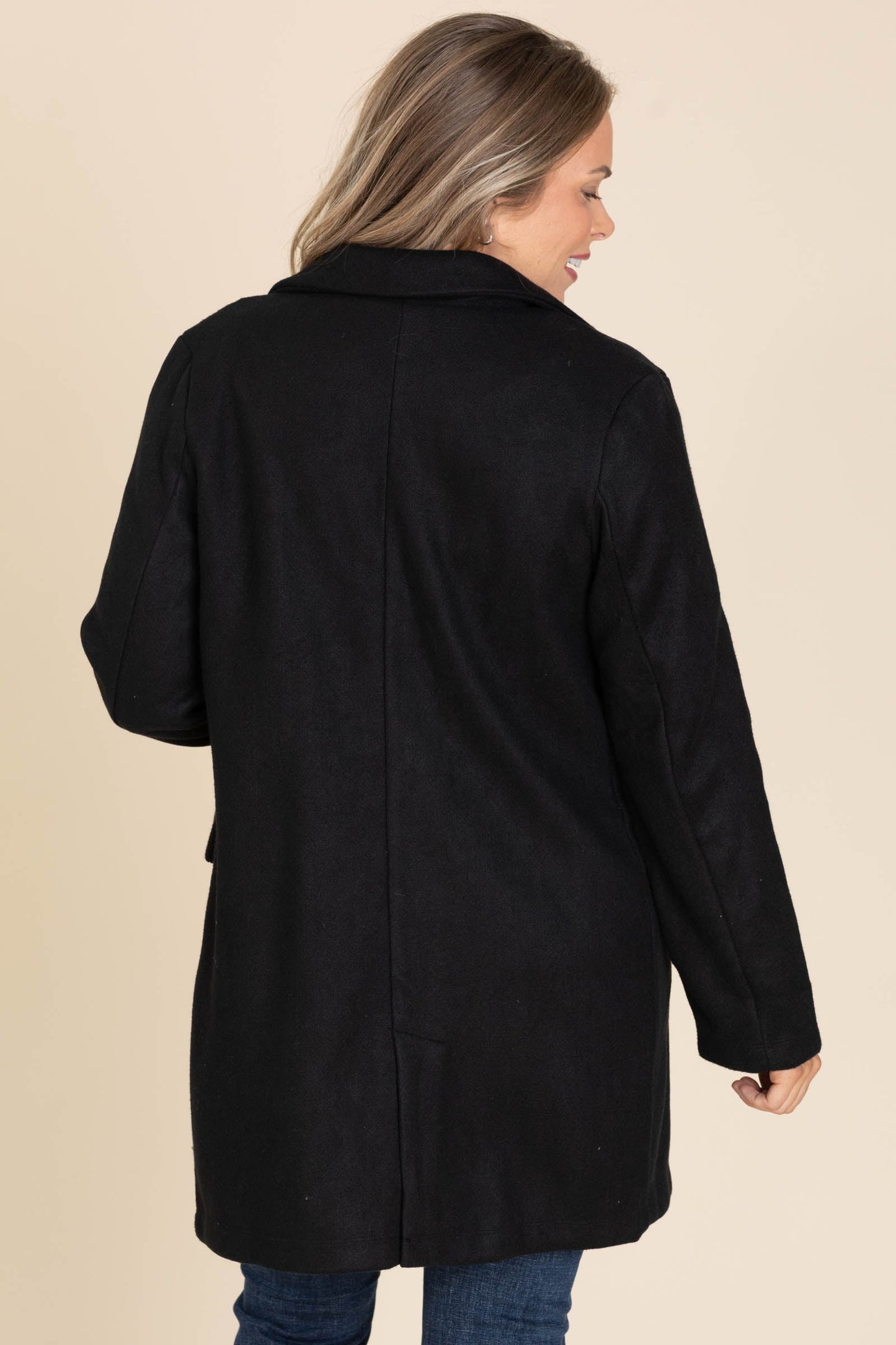Solid Black Breasted Lapel Coat