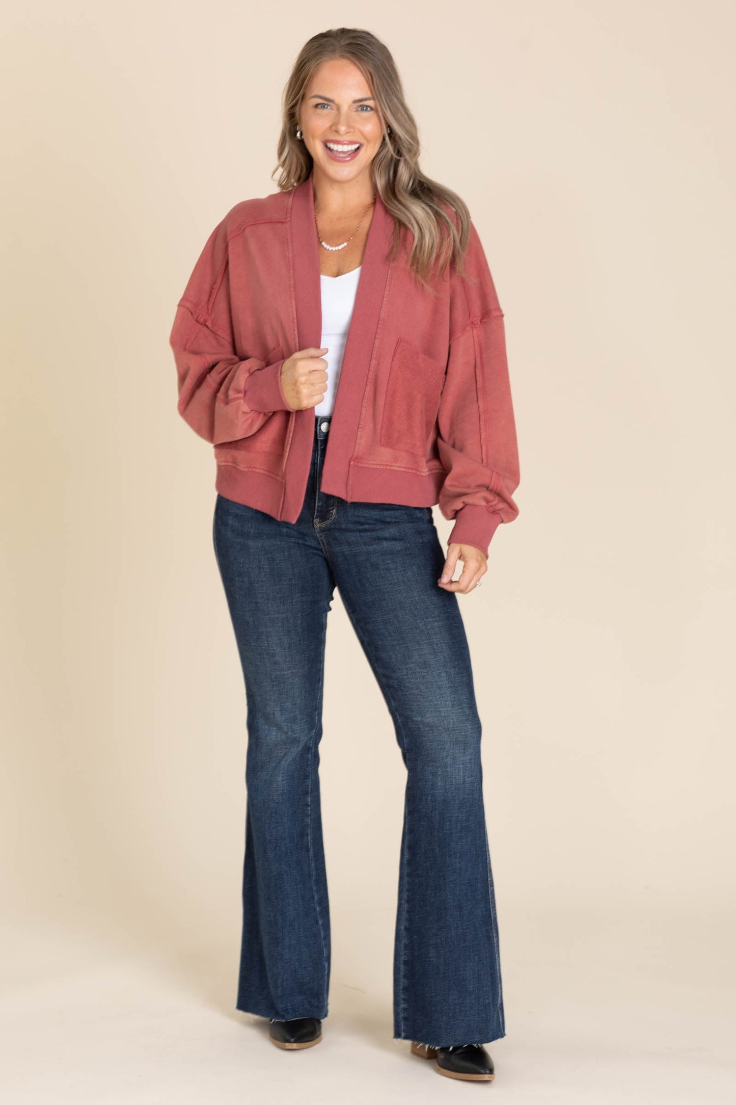 Wine Mineral Washed French Terry Cardigan