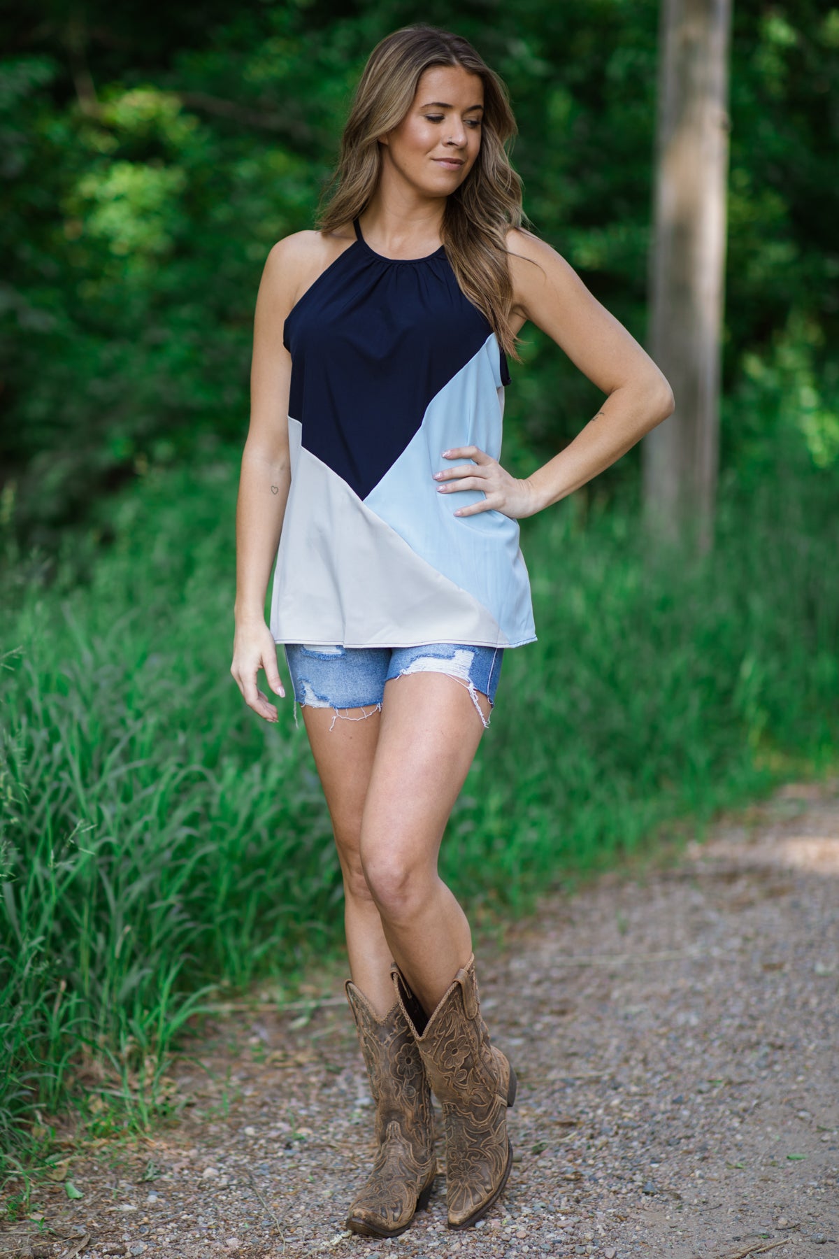 Navy and Baby Blue Colorblock Halter Tank