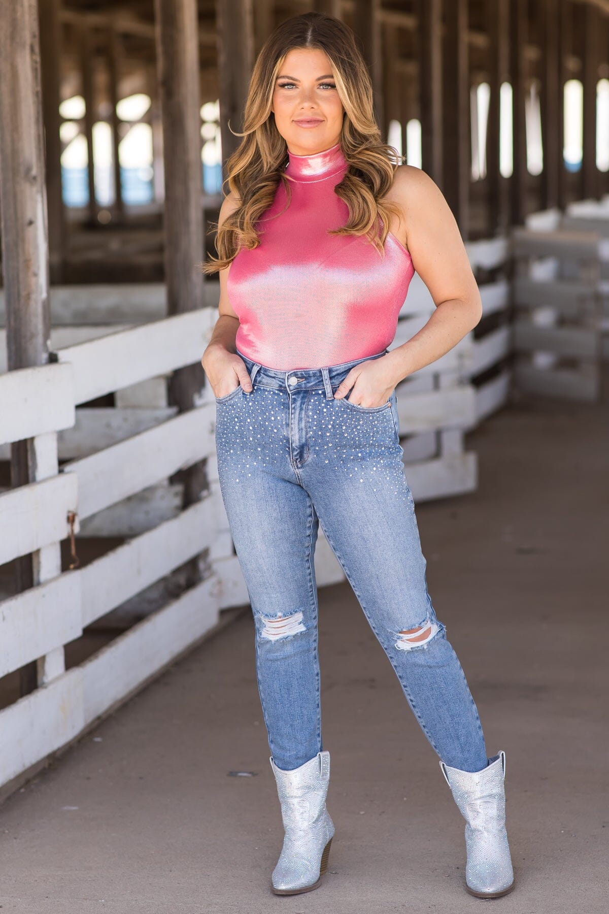 Hot Pink Metallic Mock Neck Bodysuit