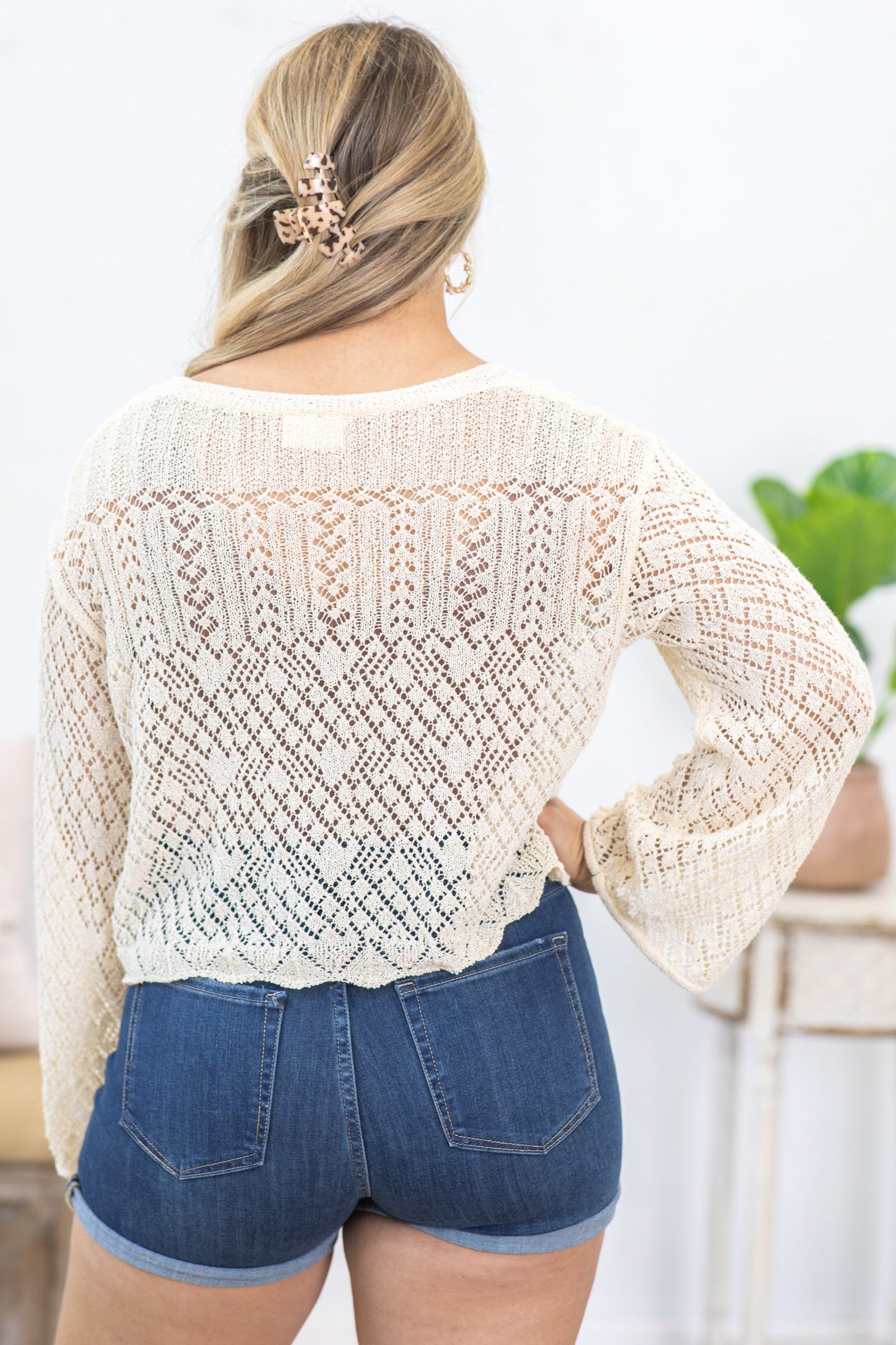 Pointelle Scallop Hem Fine Gauge Cardigan