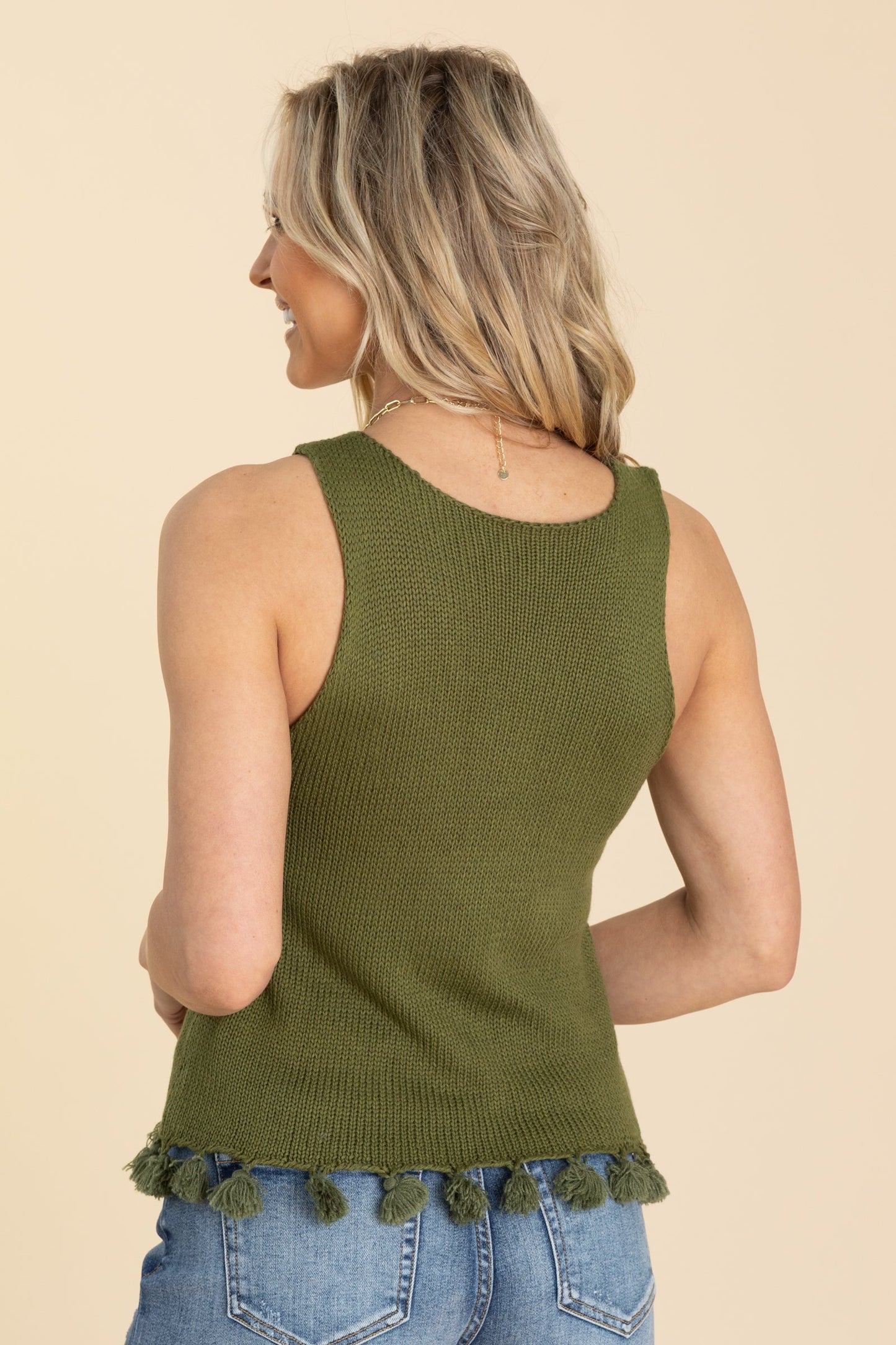 Olive Sweater Knit Tank With Tassel Trim