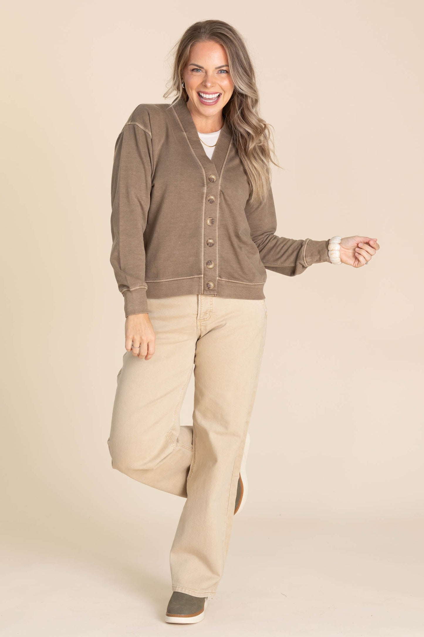 Brown Washed Detail Button Long Sleeve Cardigan