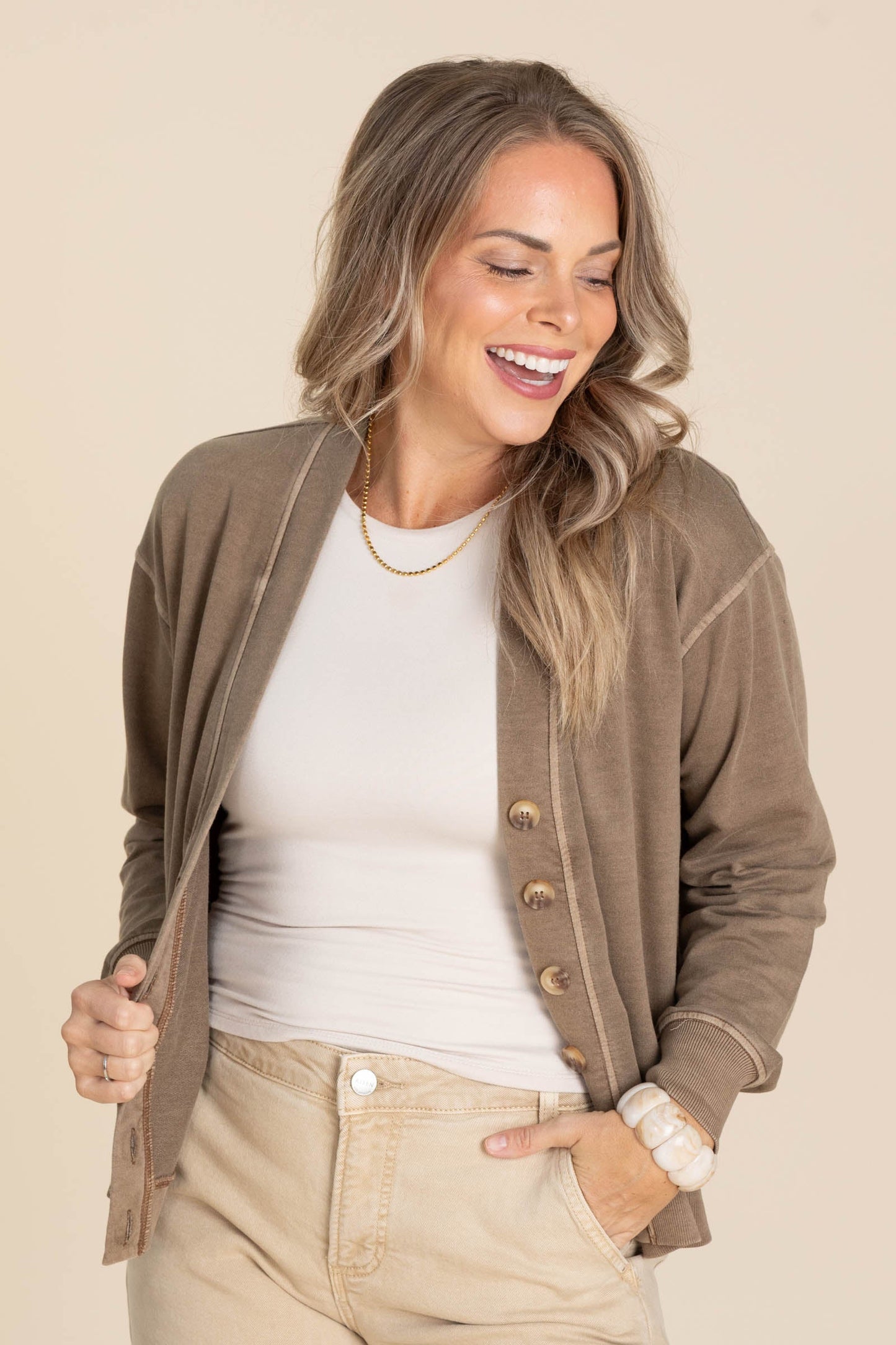 Brown Washed Detail Button Long Sleeve Cardigan