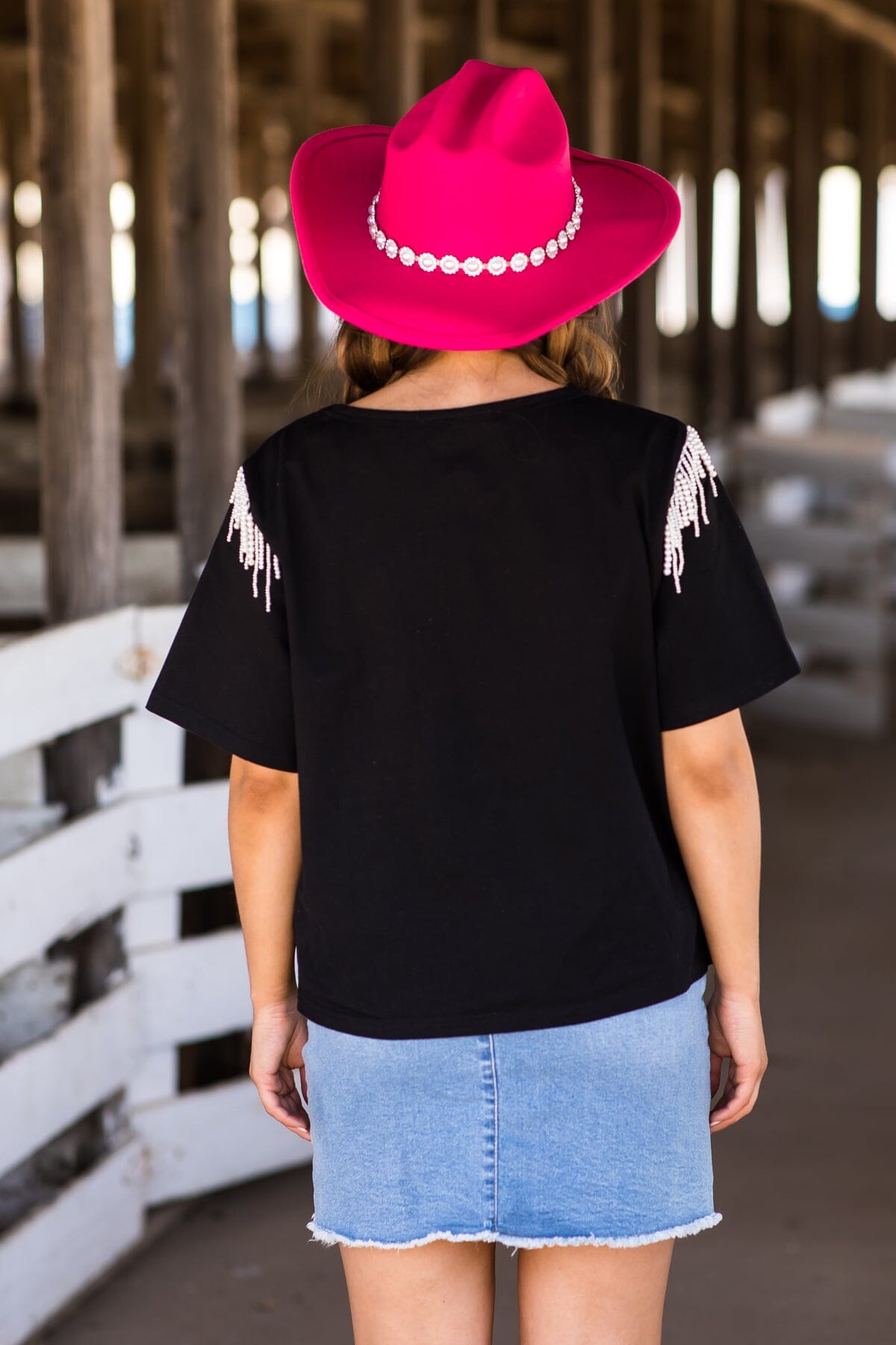 Black Short Sleeve Top With Beaded Fringe