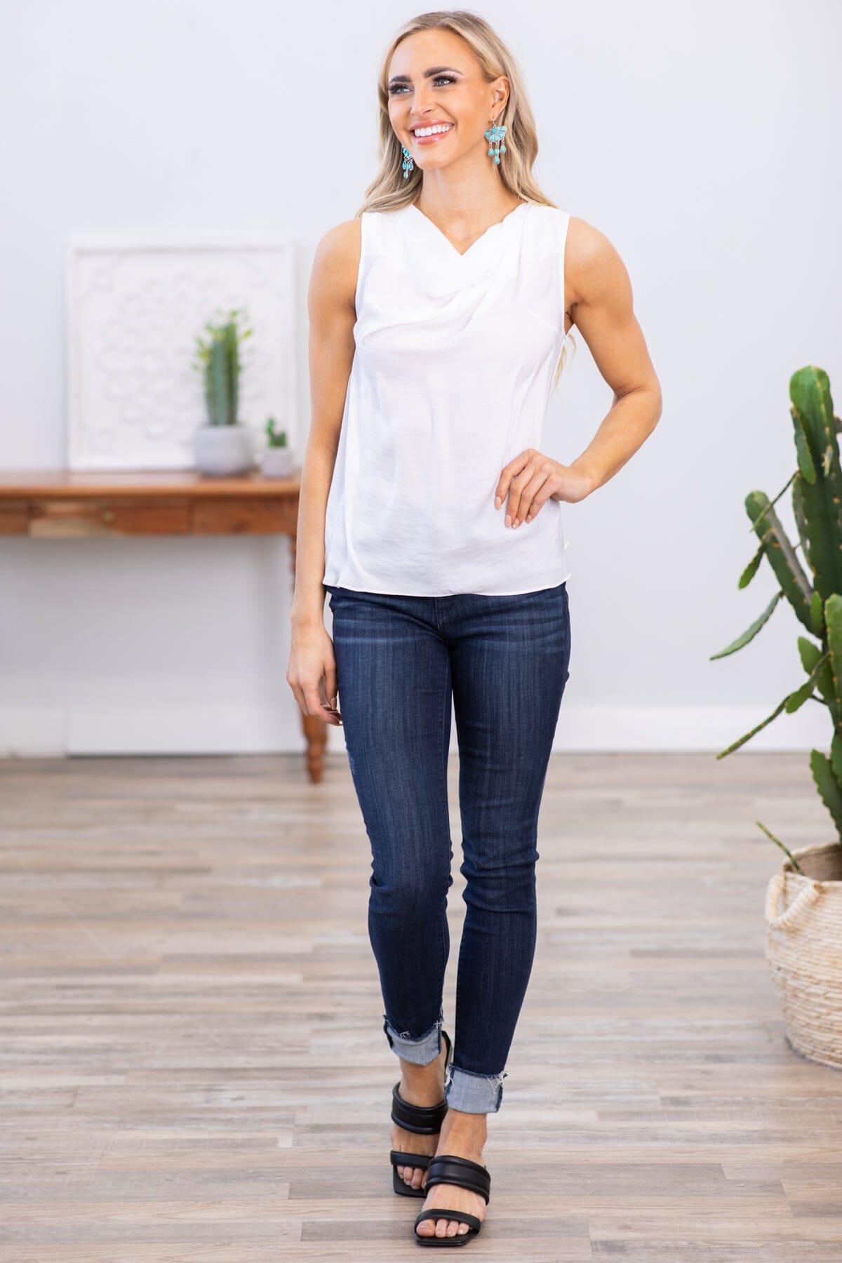 White Drape Neck Textured Tank