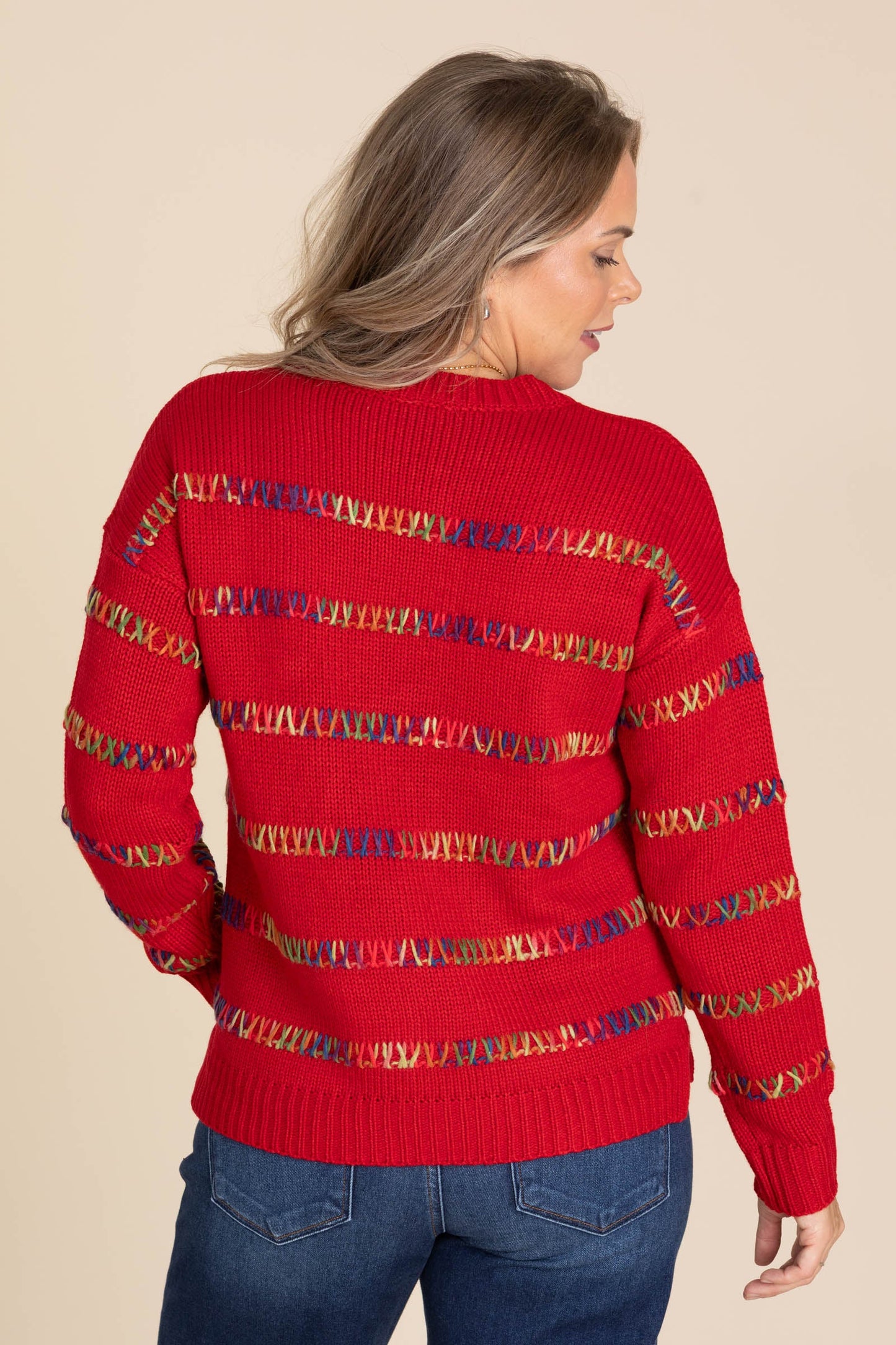 Red Sweater With Multicolor Stripe Stitch