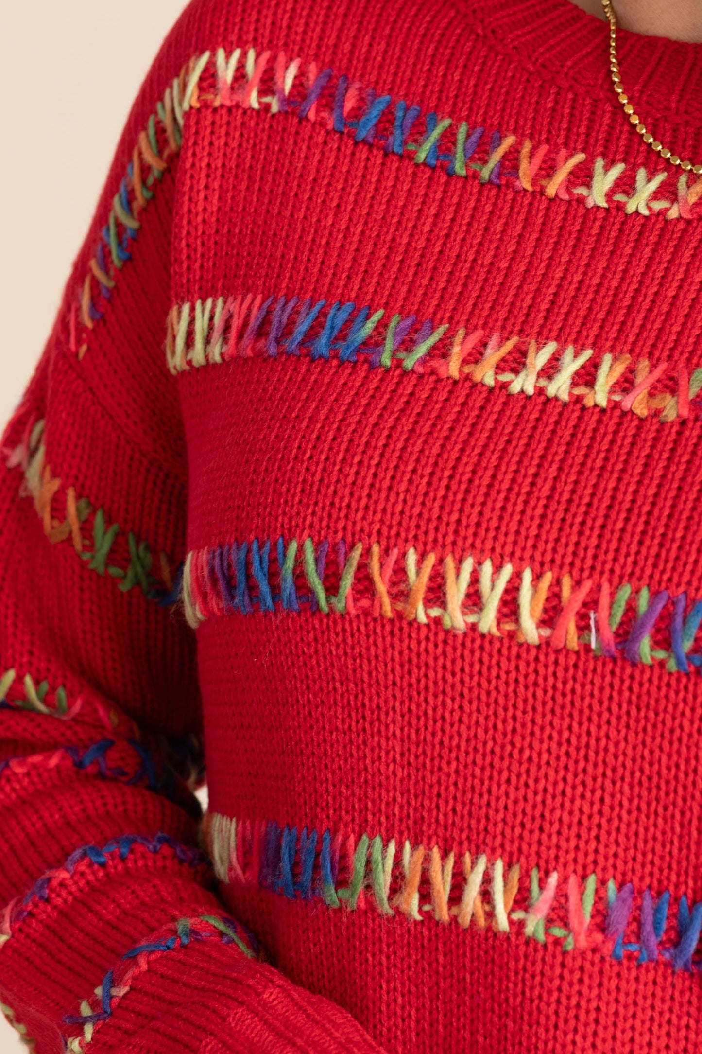 Red Sweater With Multicolor Stripe Stitch