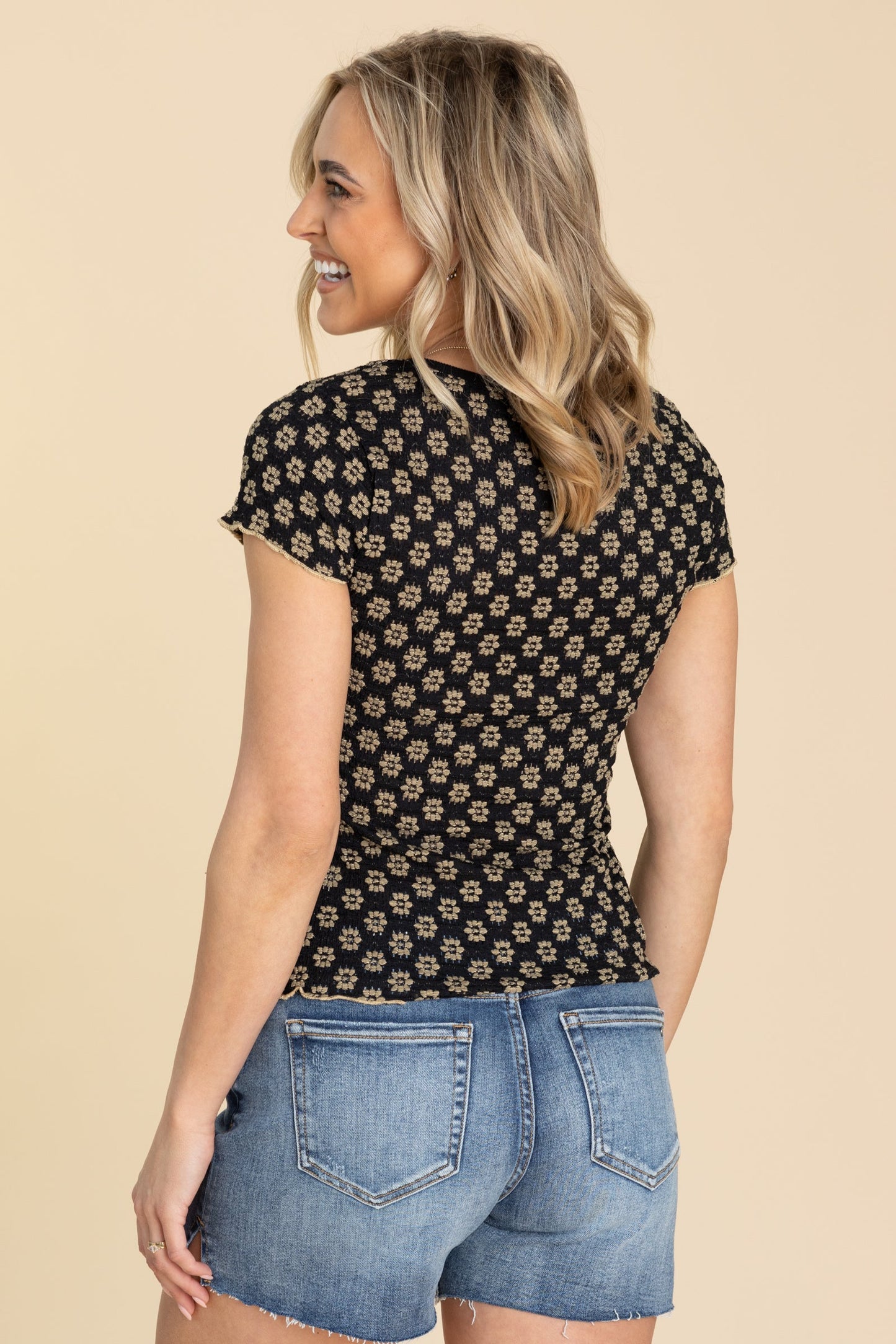 Black With Tan Floral Cabbage Hem Knit Top