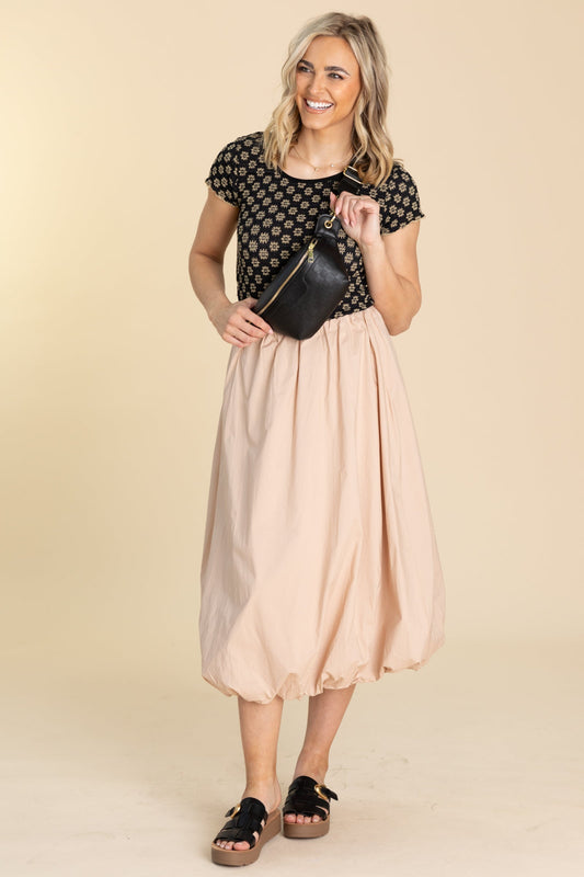 Tan High Waisted Midi Bubble Skirt