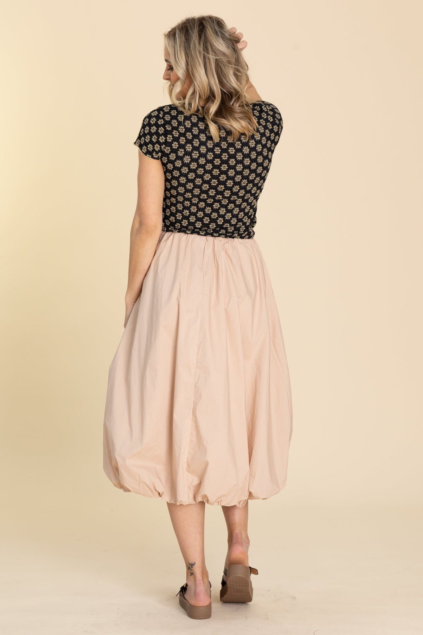 Tan High Waisted Midi Bubble Skirt