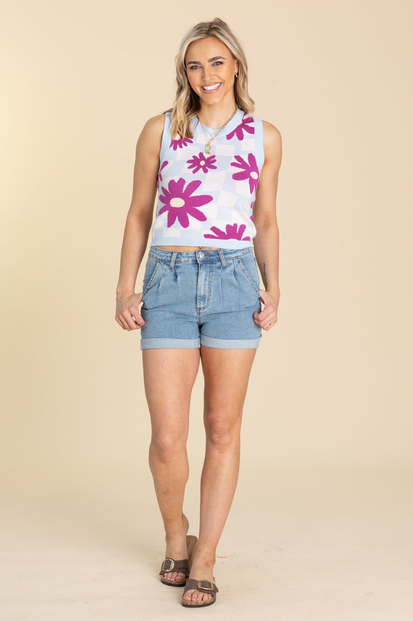 Baby Blue With Floral Print Knit Sweater Top