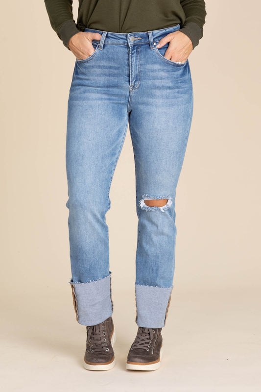Risen Medium Wash Cuffed Straight Leg Jeans