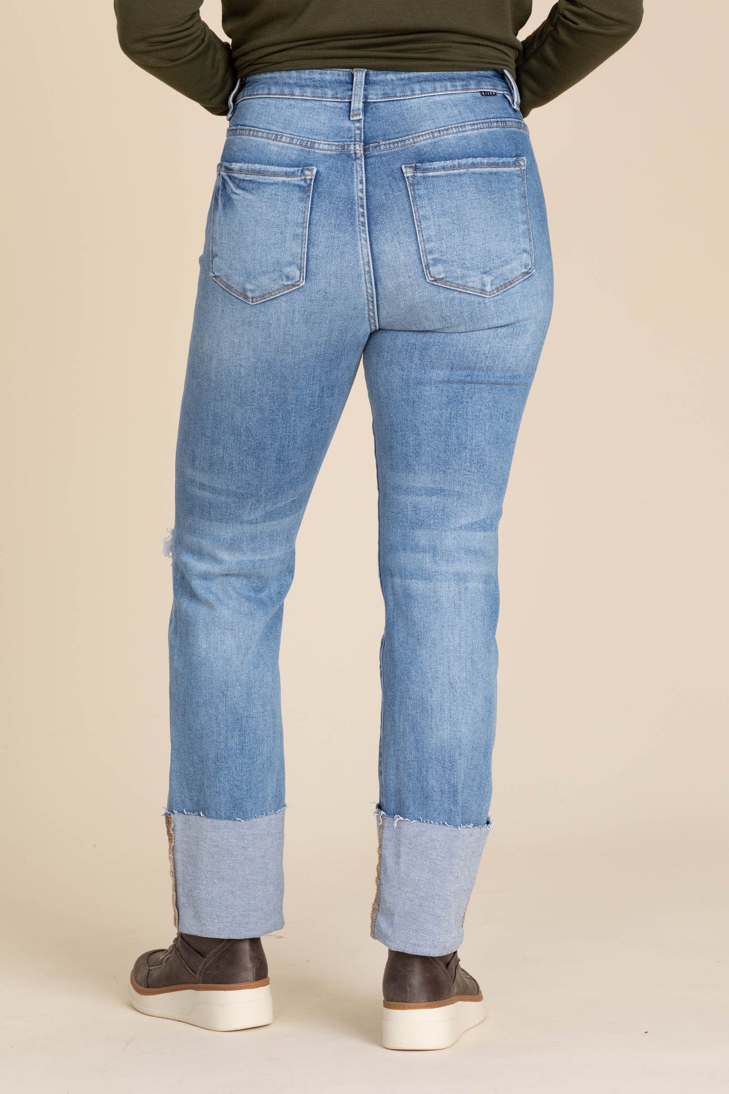 Risen Medium Wash Cuffed Straight Leg Jeans