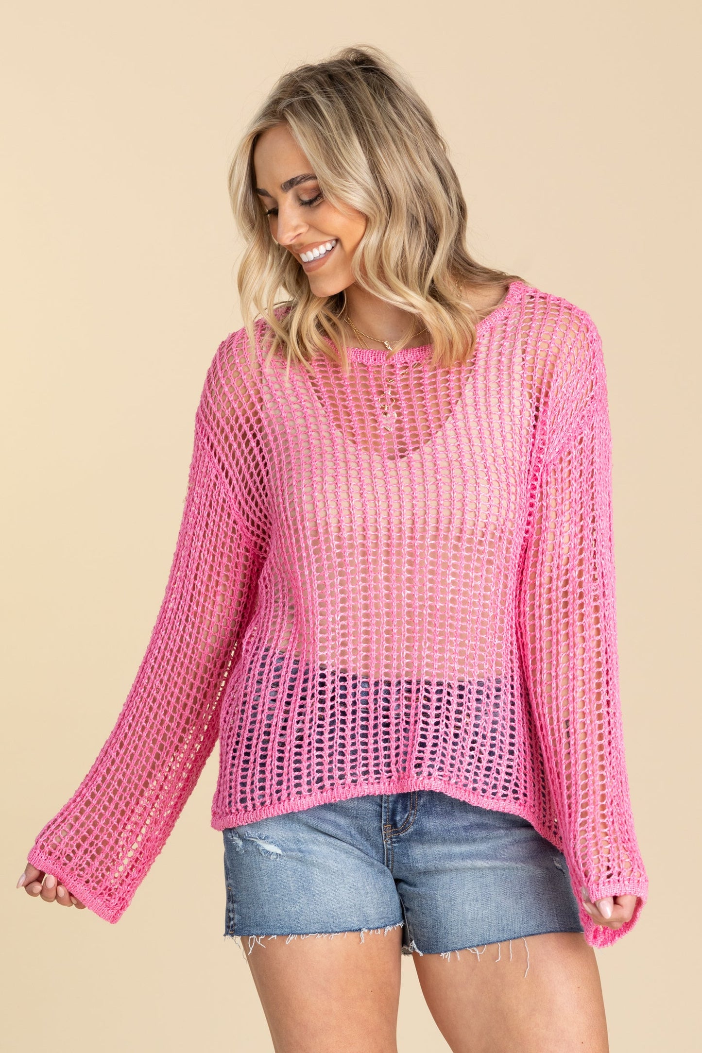 Drop Shoulder Fishnet Top With Sequins