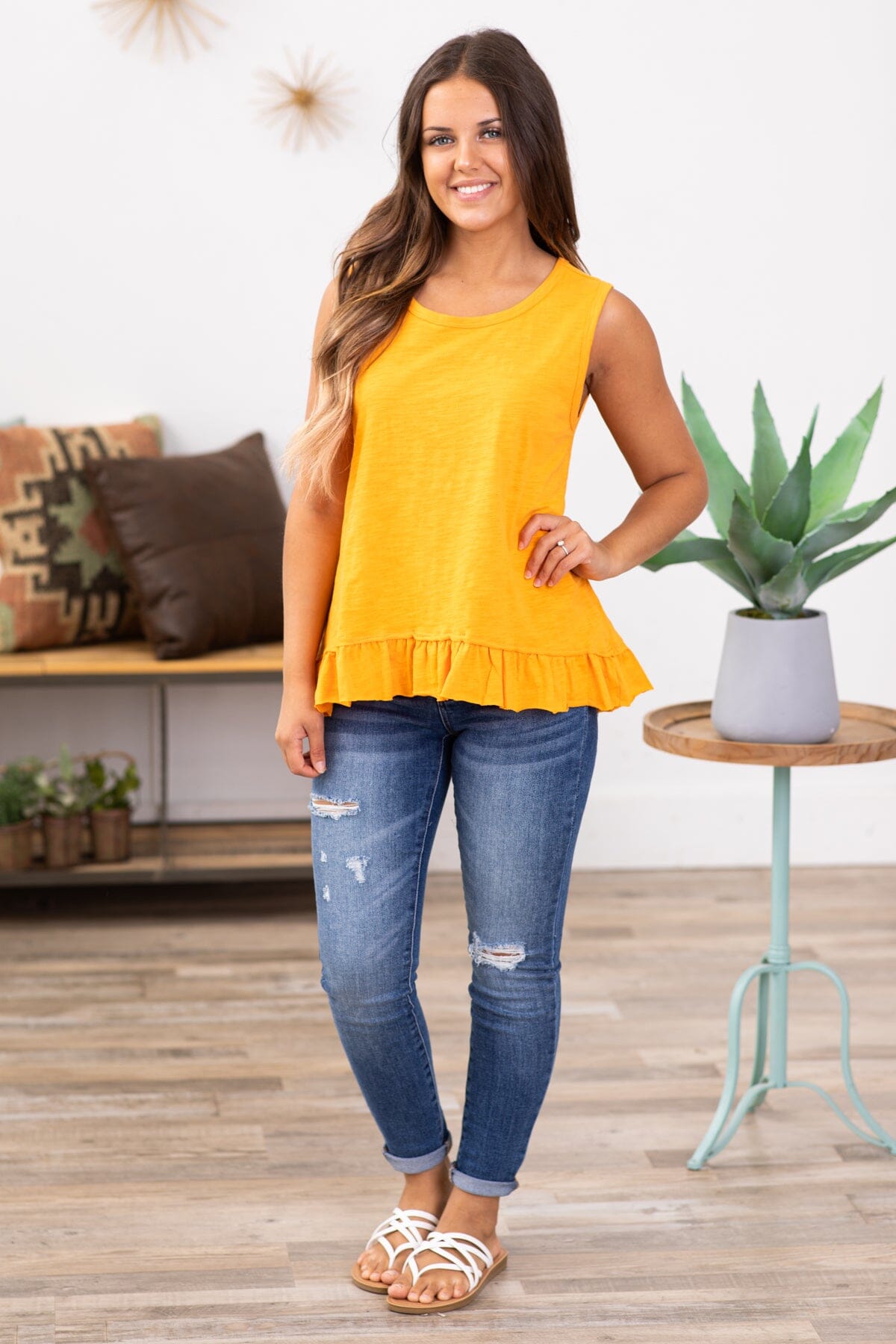 Orange Tank With Ruffle Trim