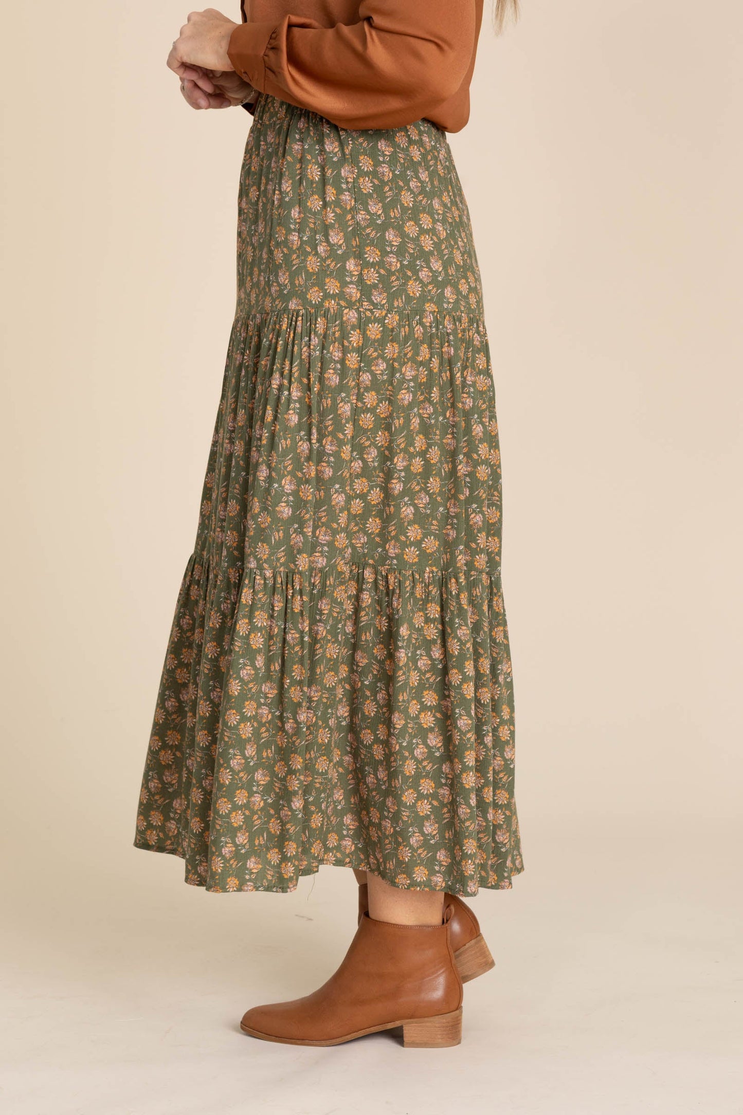Olive Floral Tiered Maxi Skirt With Elastic