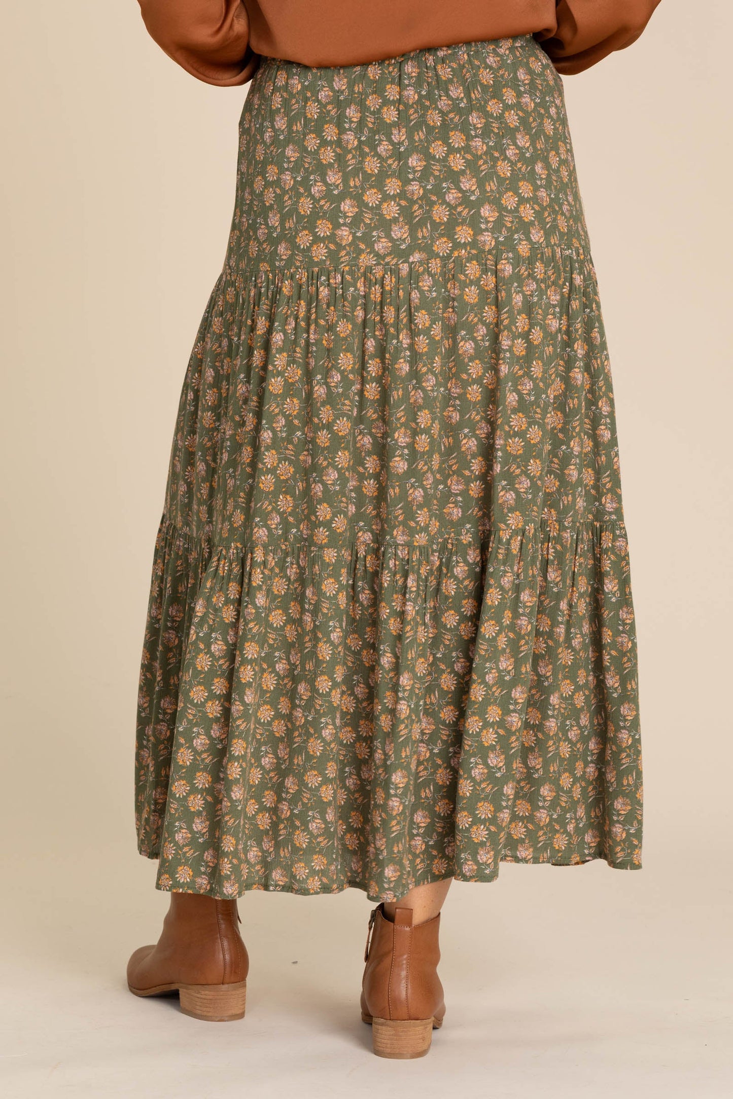 Olive Floral Tiered Maxi Skirt With Elastic