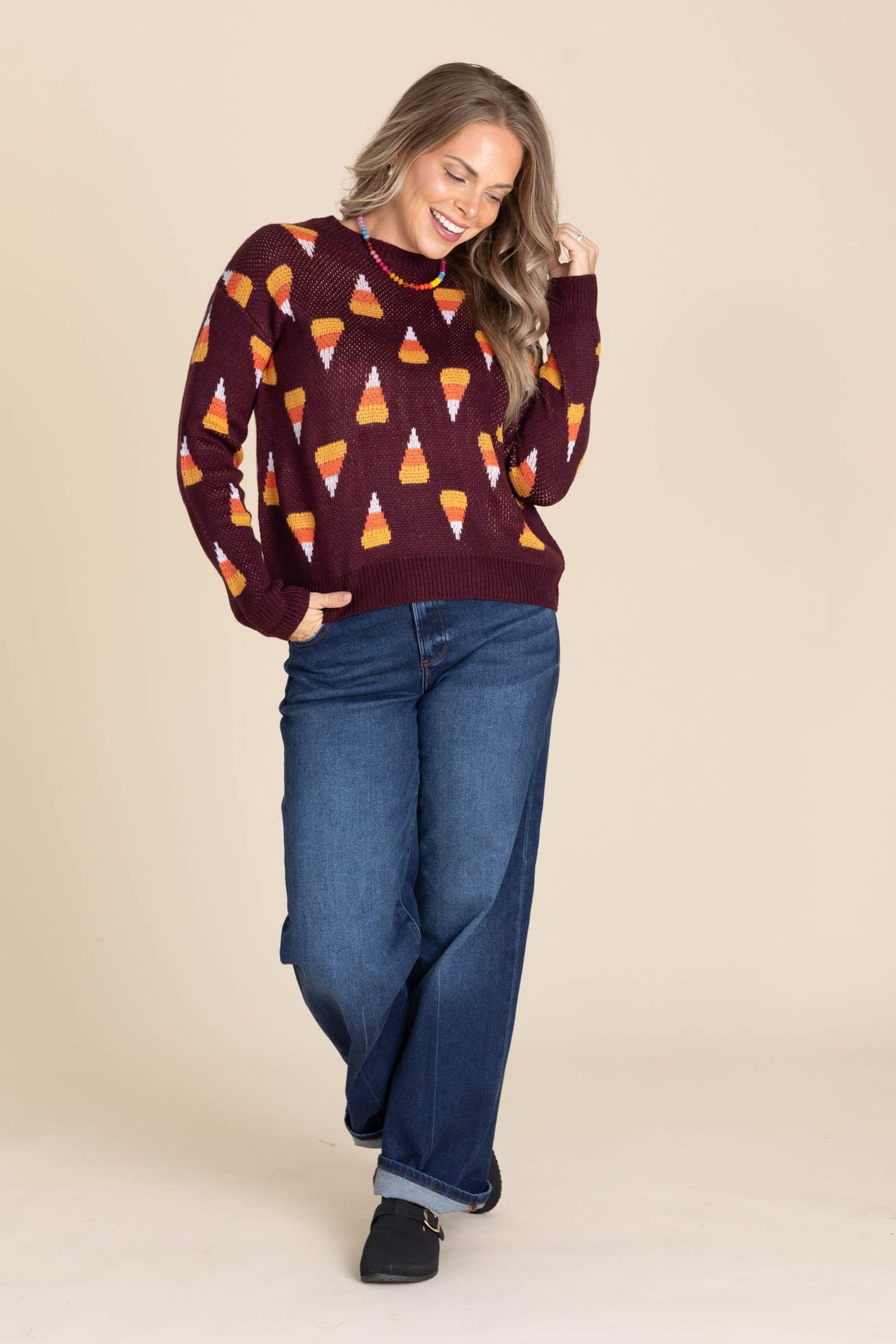 Dark Plum Candy Corn Pattern Knit Sweater