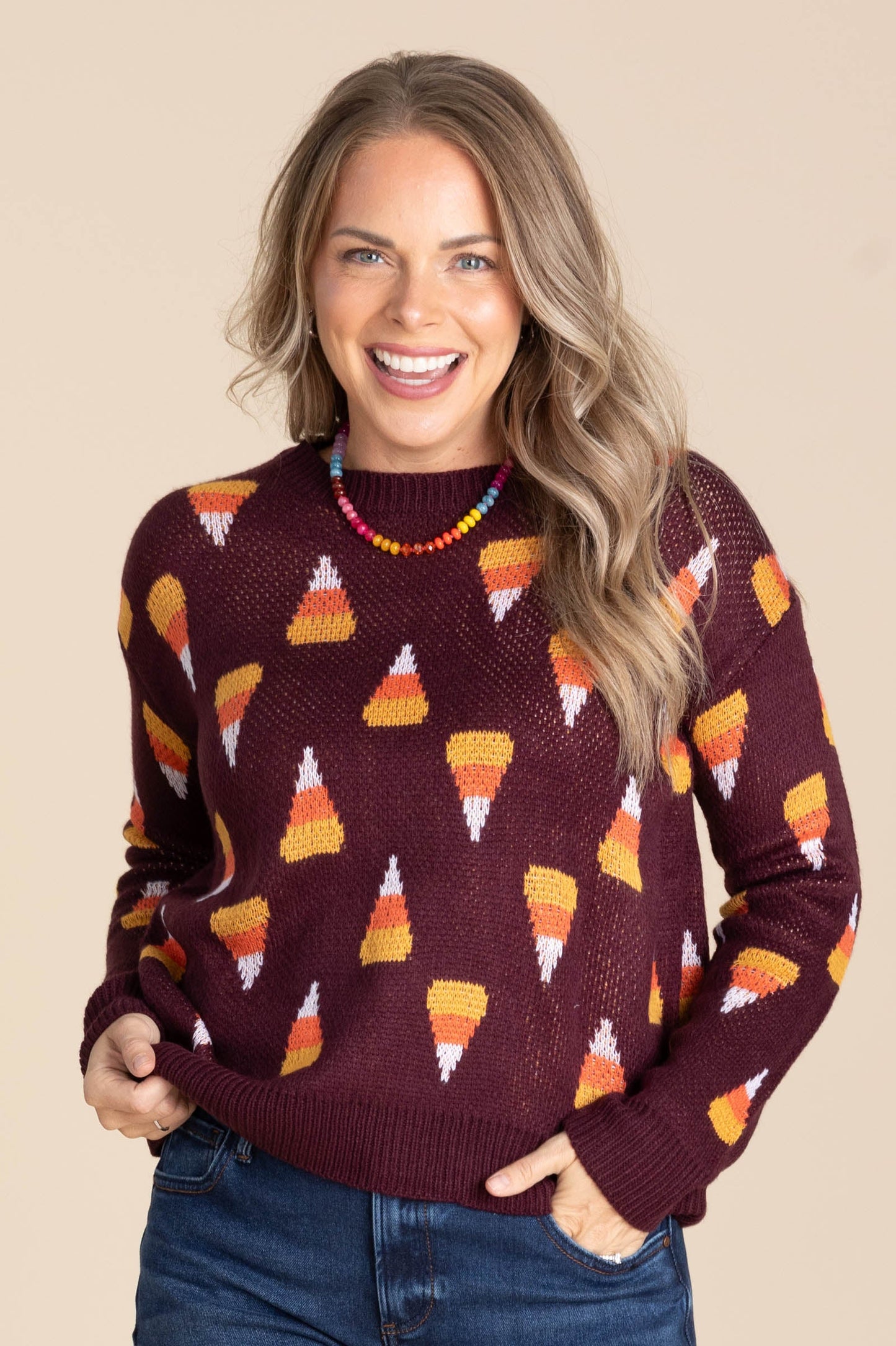 Dark Plum Candy Corn Pattern Knit Sweater