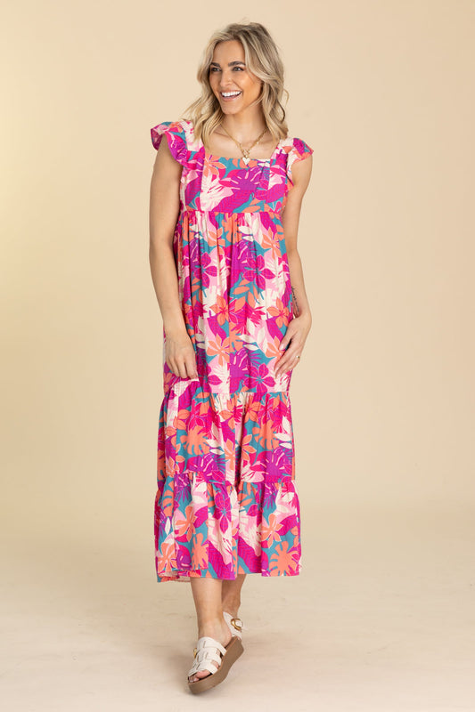 Hot Pink And Coral Floral Tiered Midi Dress
