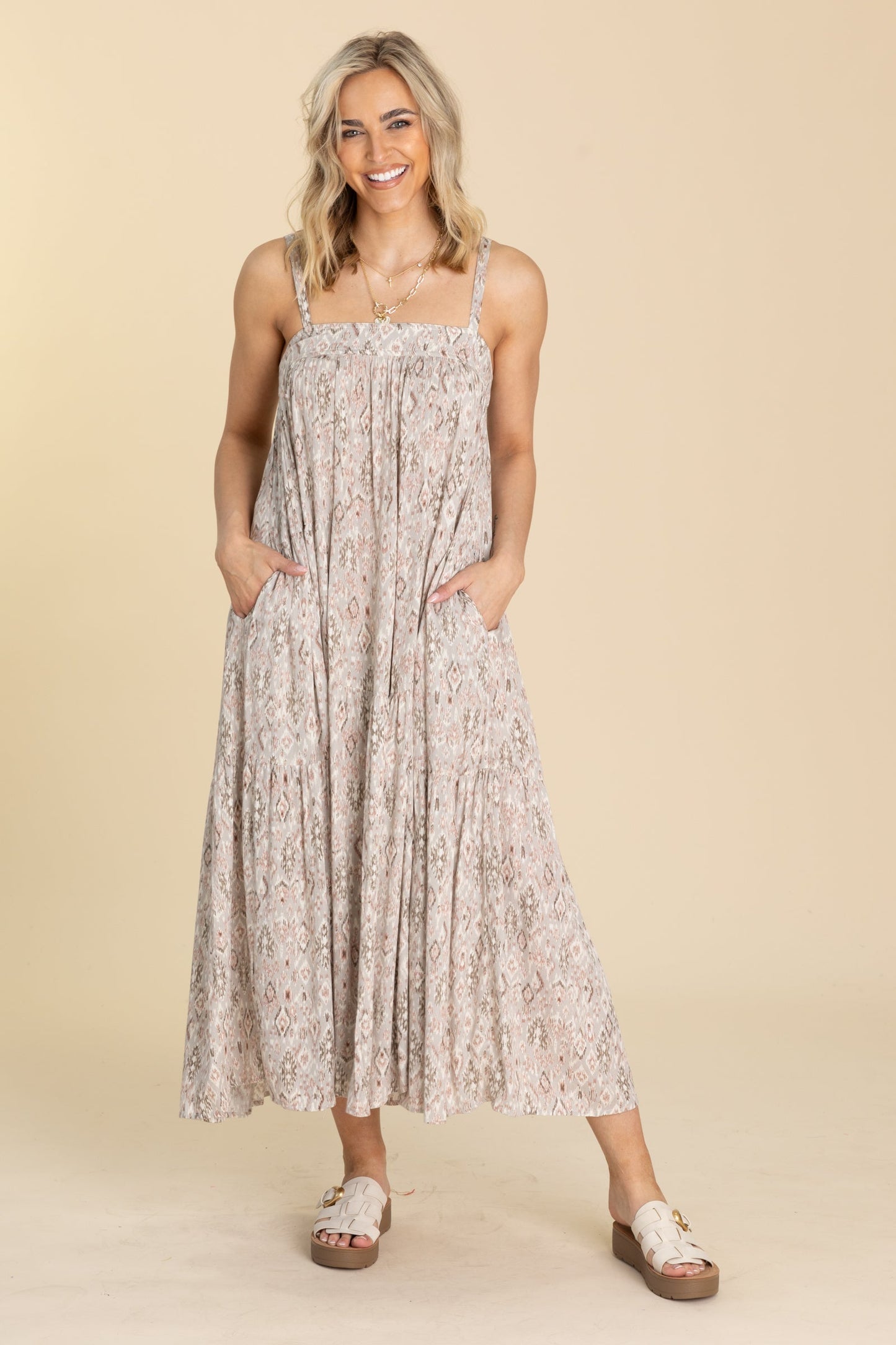 Grey Aztec Maxi Tiered Sun Dress