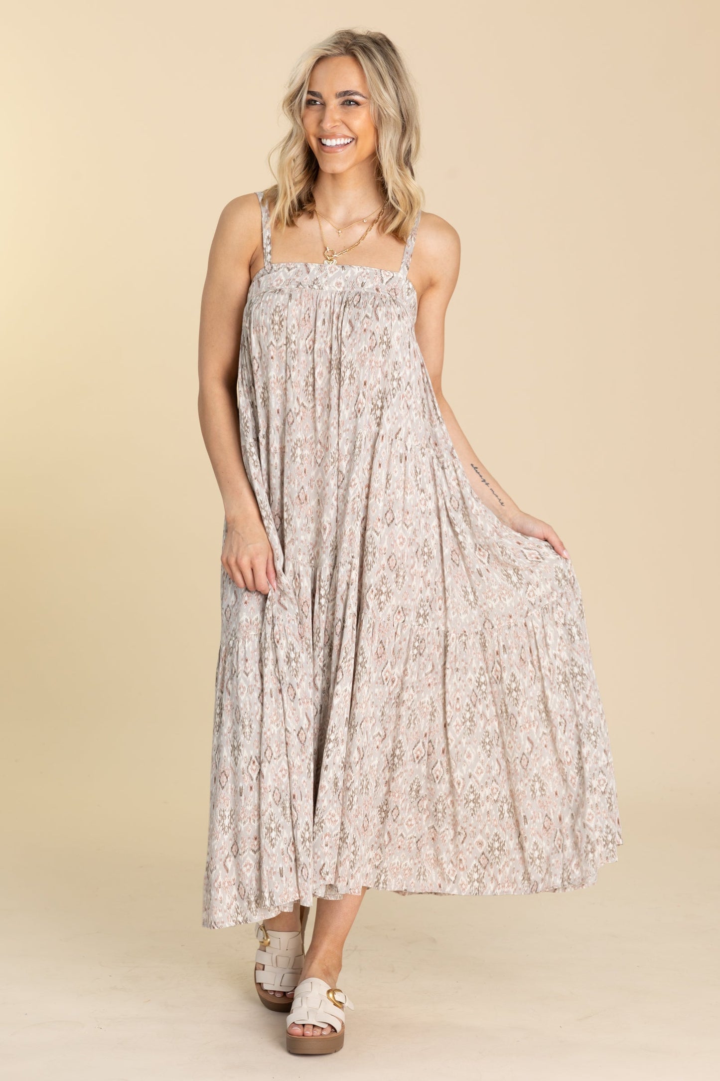 Grey Aztec Maxi Tiered Sun Dress