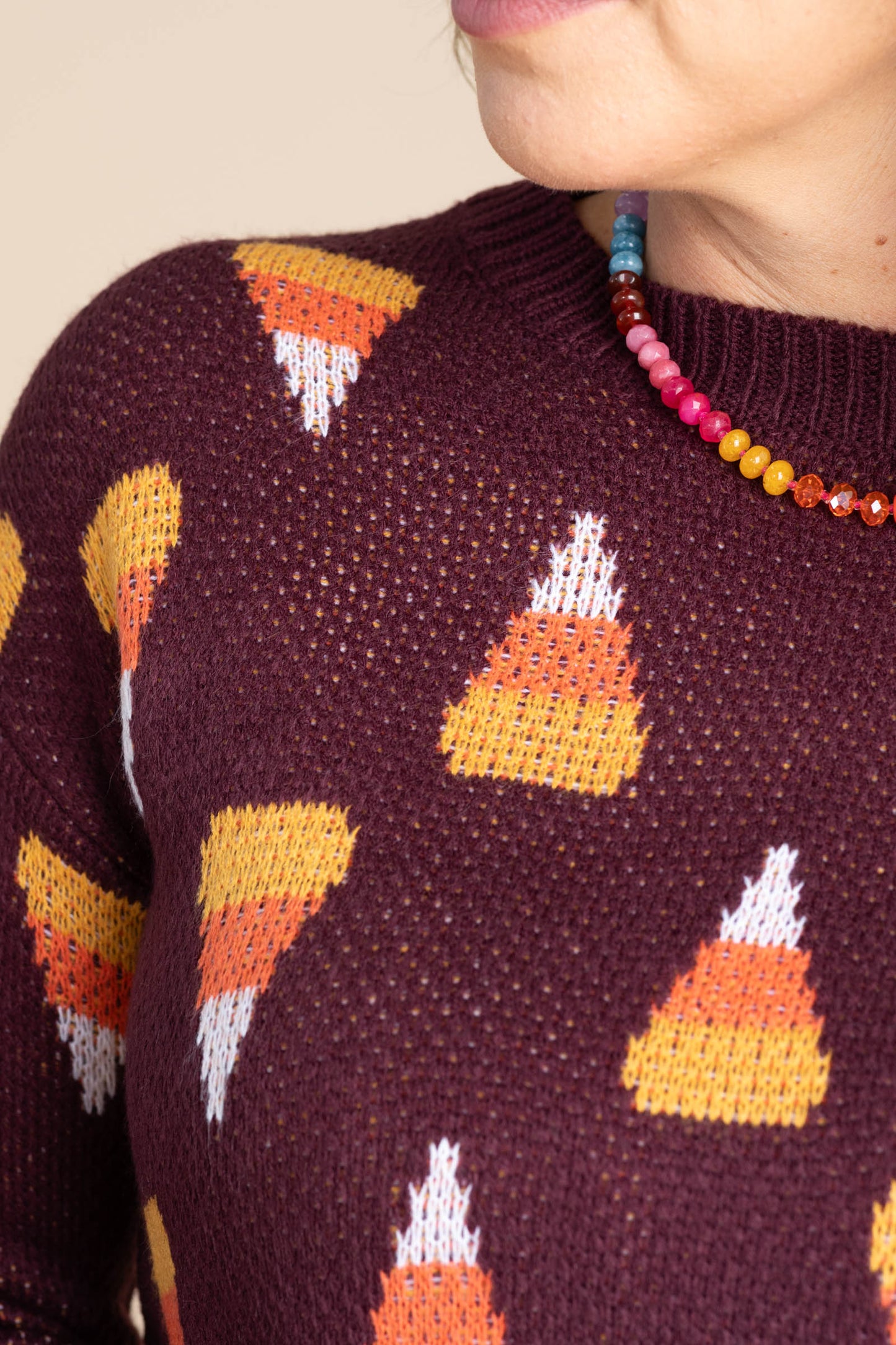 Dark Plum Candy Corn Pattern Knit Sweater