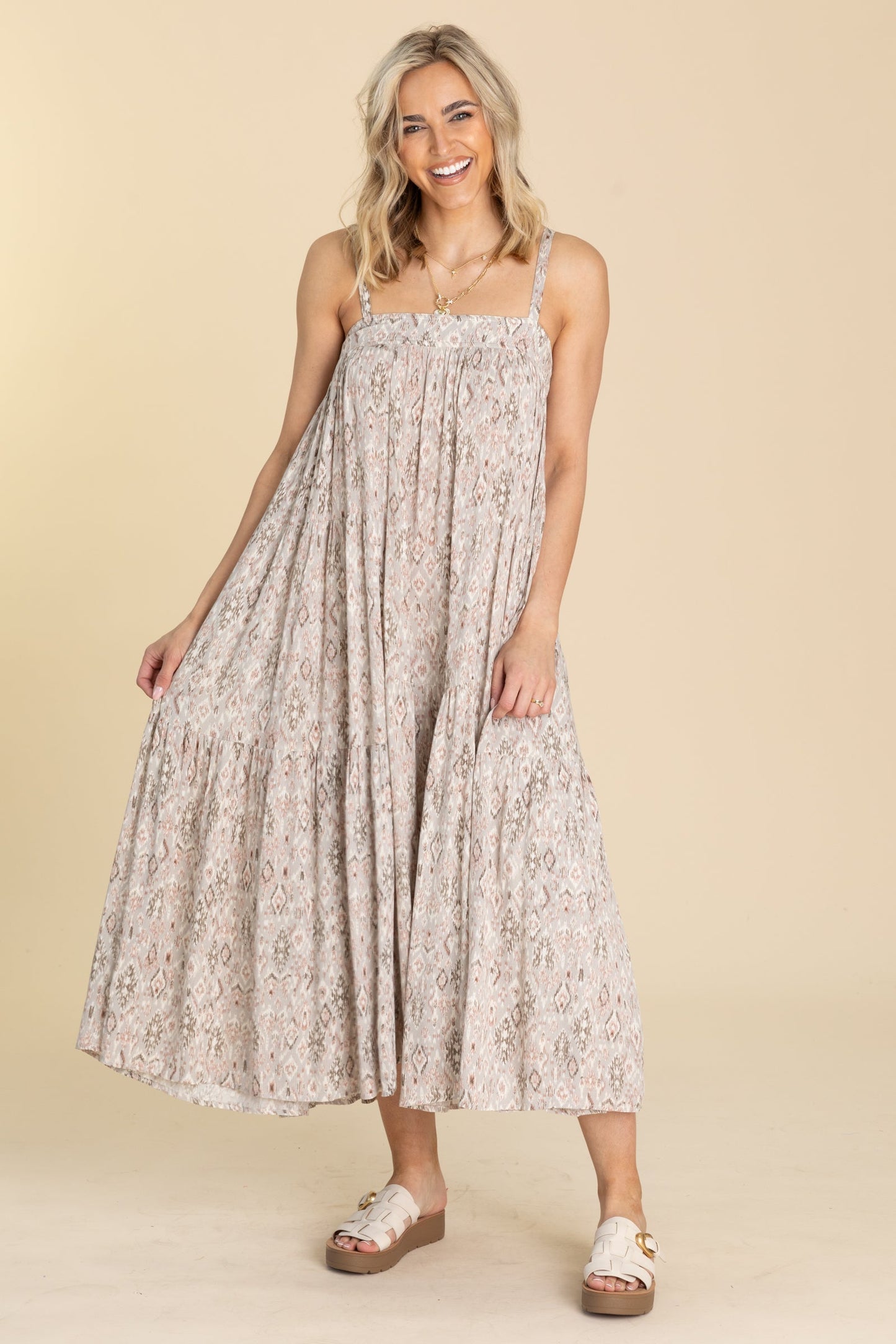 Grey Aztec Maxi Tiered Sun Dress