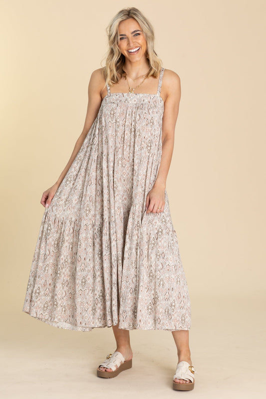 Grey Aztec Maxi Tiered Sun Dress
