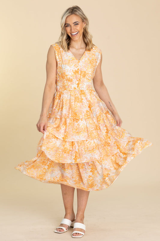 Orange Floral Smocked Waist Tiered Tank Dress