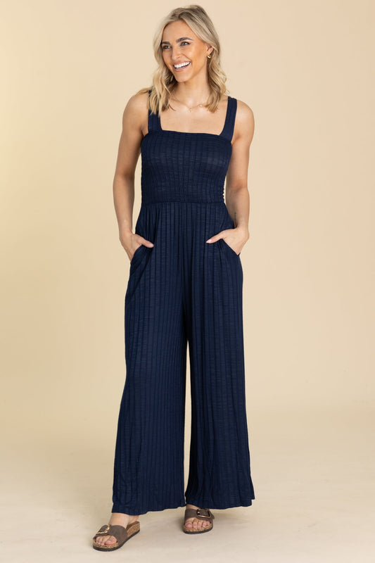 Navy Wide Leg Smocked Bodice Jumpsuit