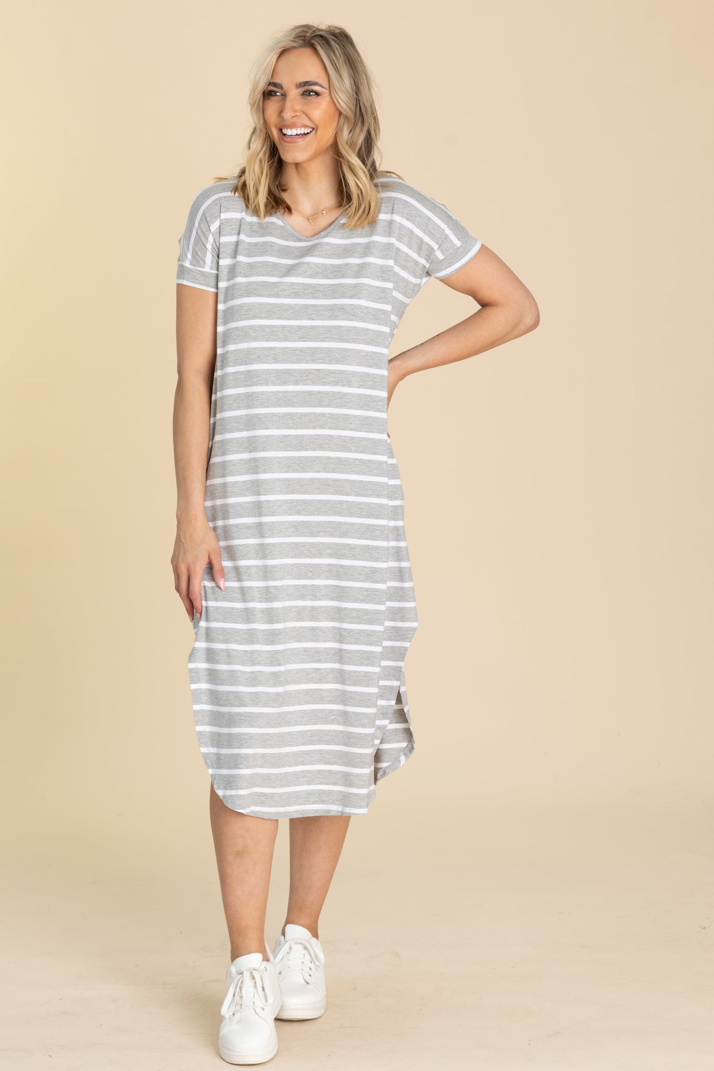 Striped Curved Hem Midi Dress With Pockets