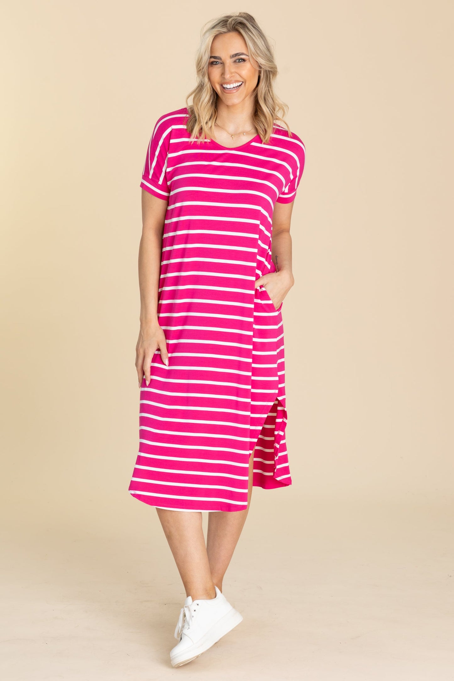 Striped Curved Hem Midi Dress With Pockets