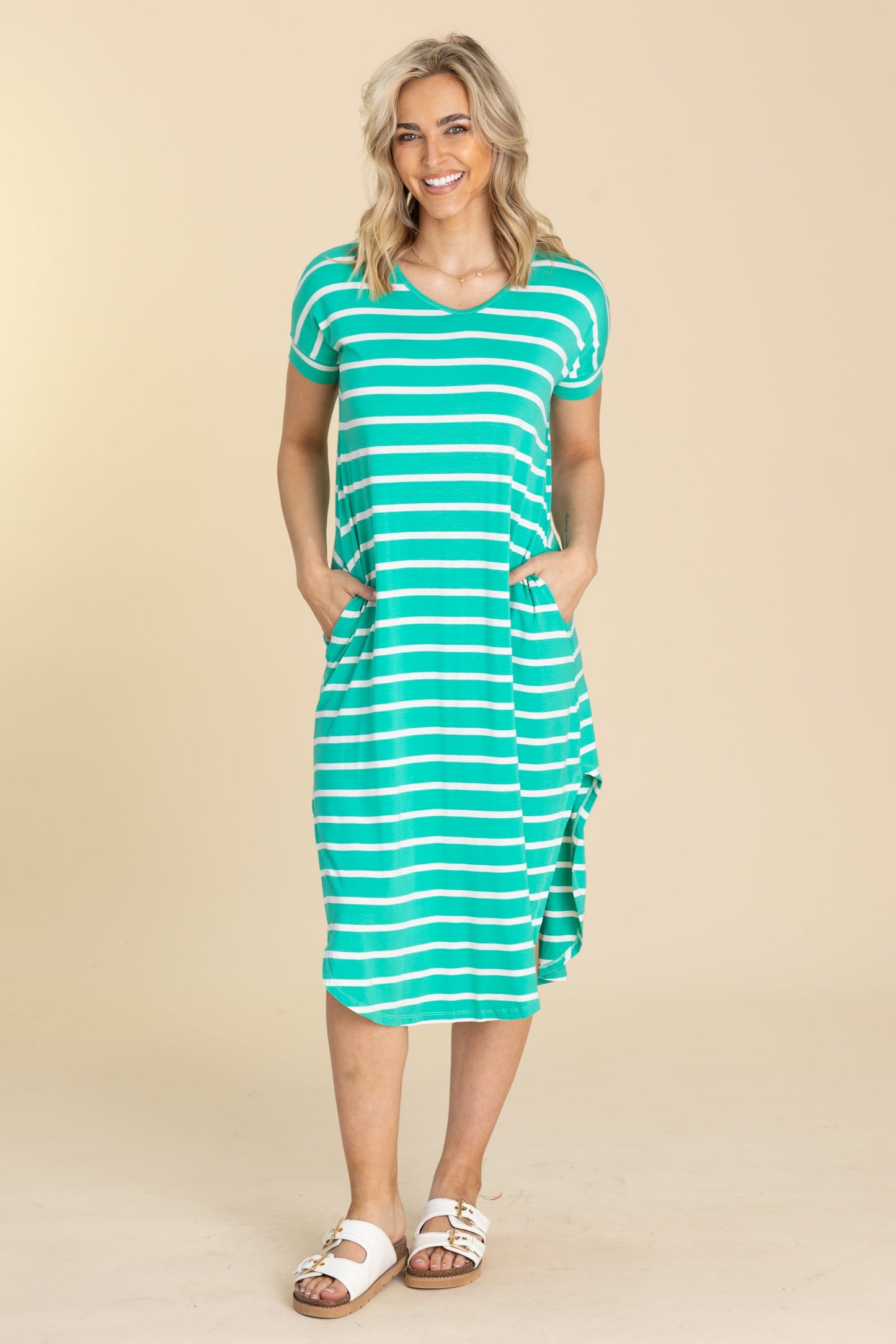 Striped Curved Hem Midi Dress With Pockets