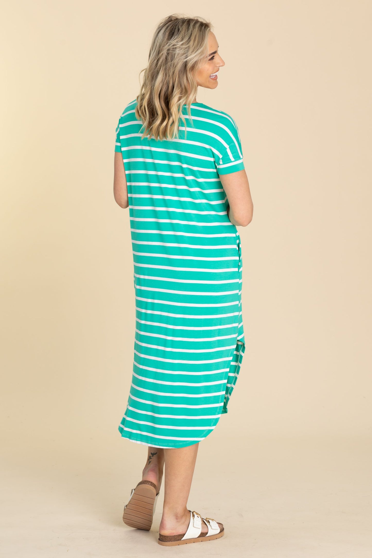 Striped Curved Hem Midi Dress With Pockets