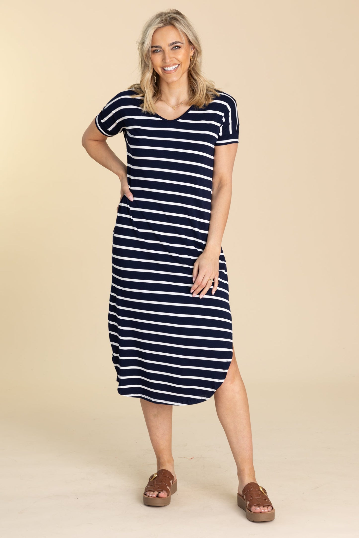 Striped Curved Hem Midi Dress With Pockets