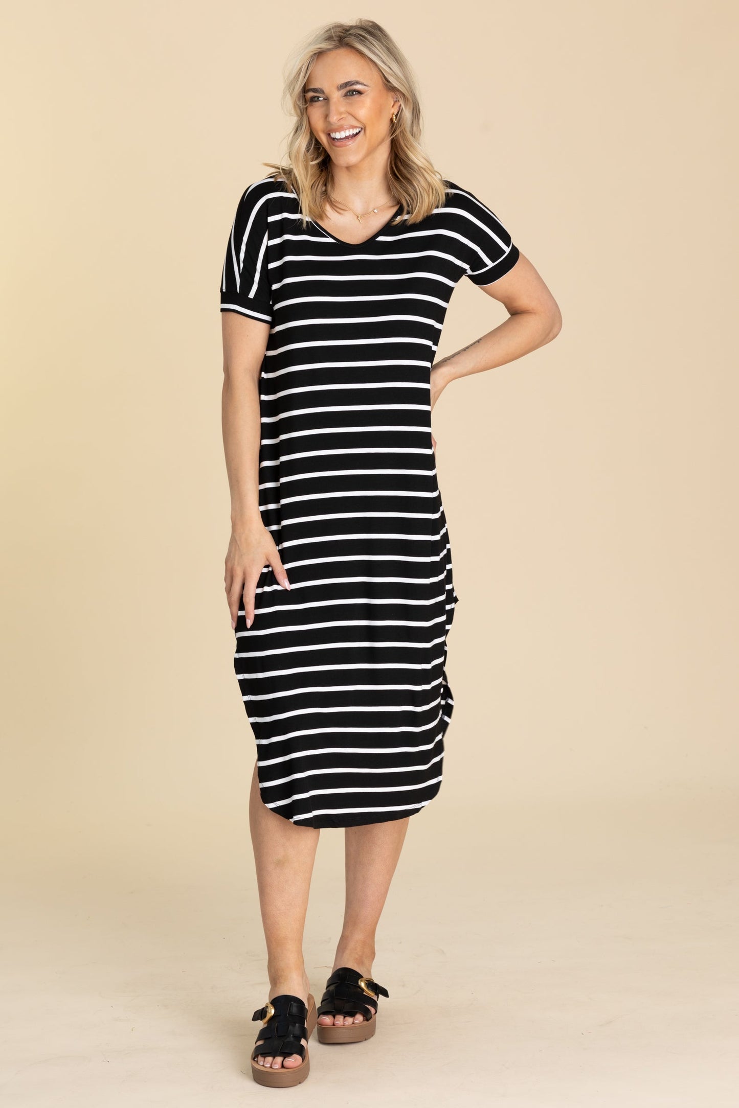 Striped Curved Hem Midi Dress With Pockets
