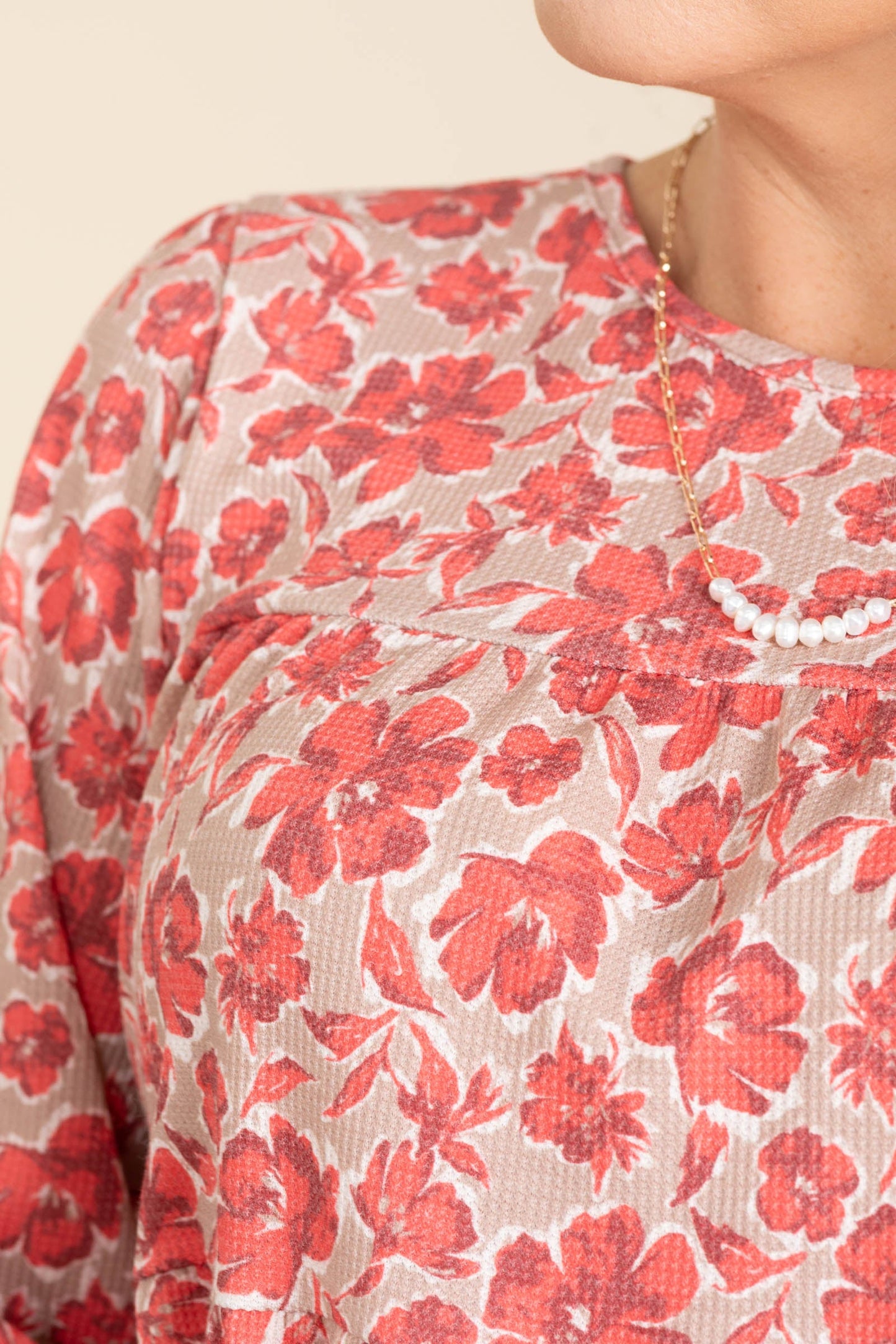 Taupe With Floral Crimson Babydoll Knit Top