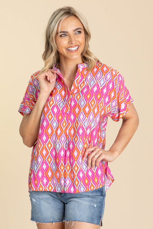 Hot Pink Diamond Print Notch Neck Woven Top