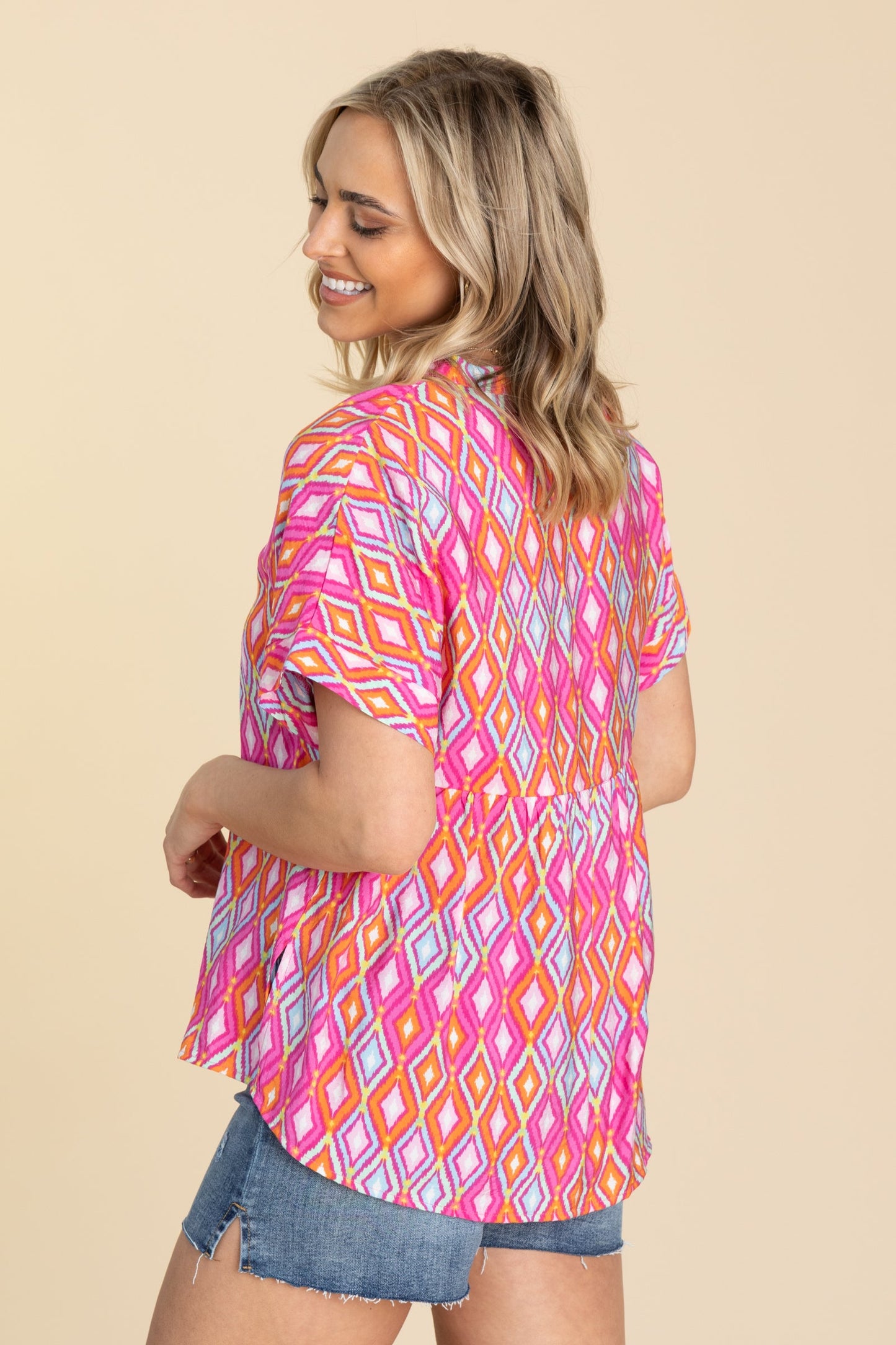 Hot Pink Diamond Print Notch Neck Woven Top