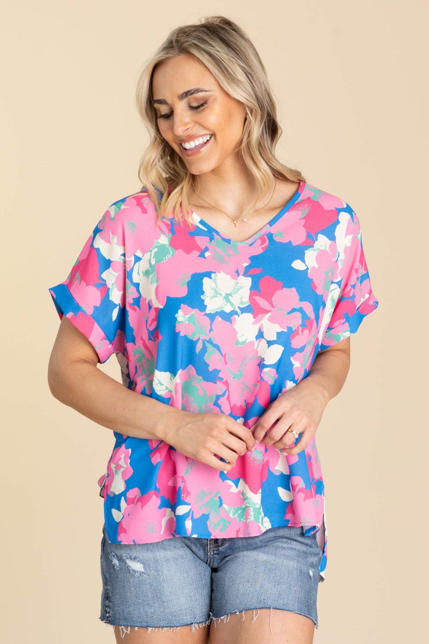 Blue and Pink Floral Print Woven Top