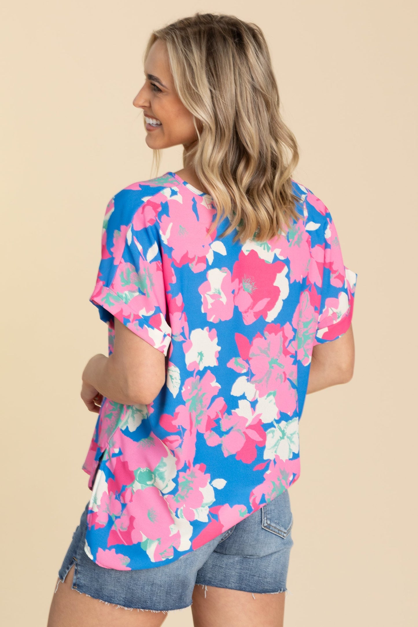 Blue and Pink Floral Print Woven Top